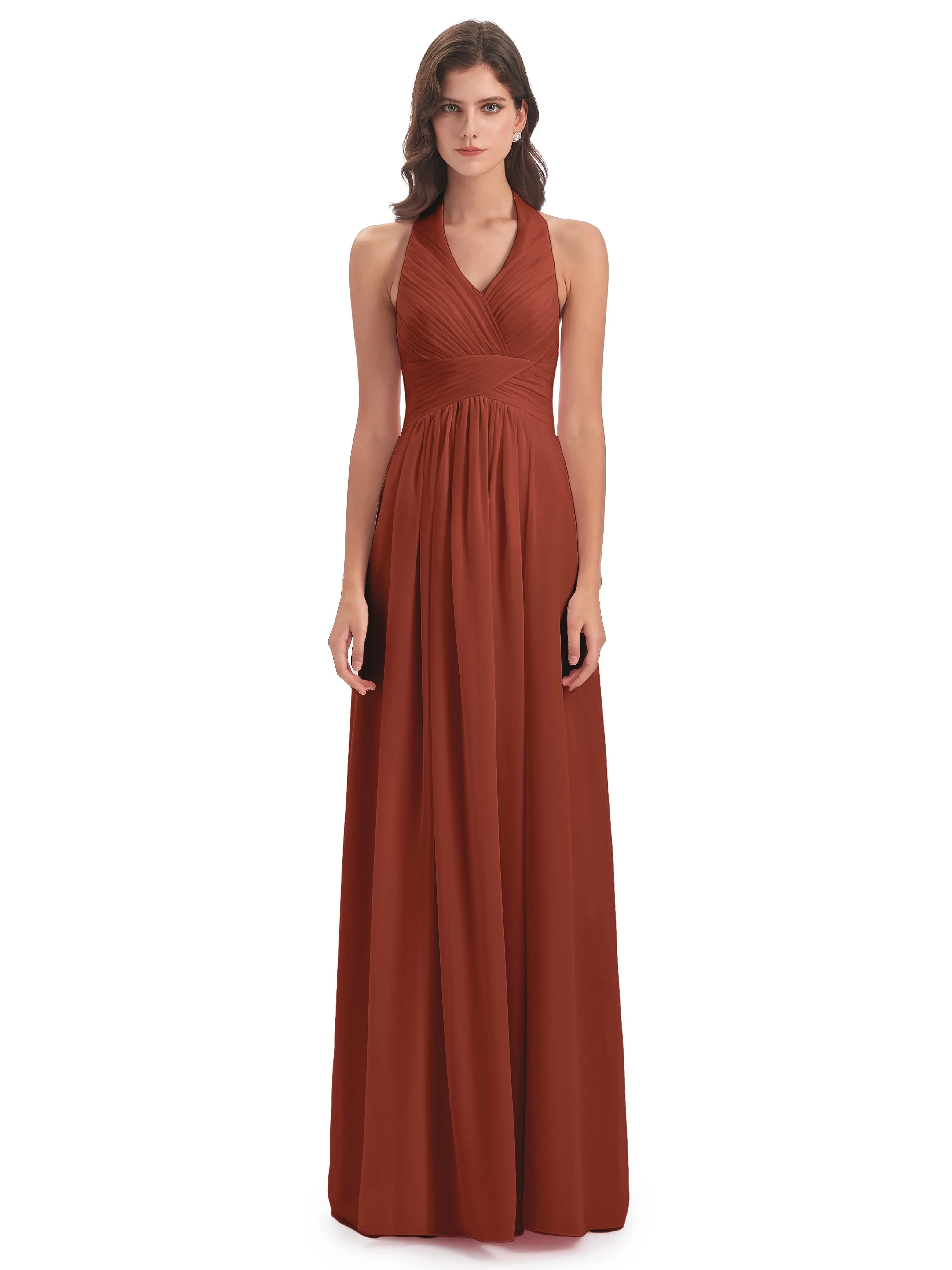 Elsie Vintage Chiffon Halter Pleating Long Bridesmaid Dresses