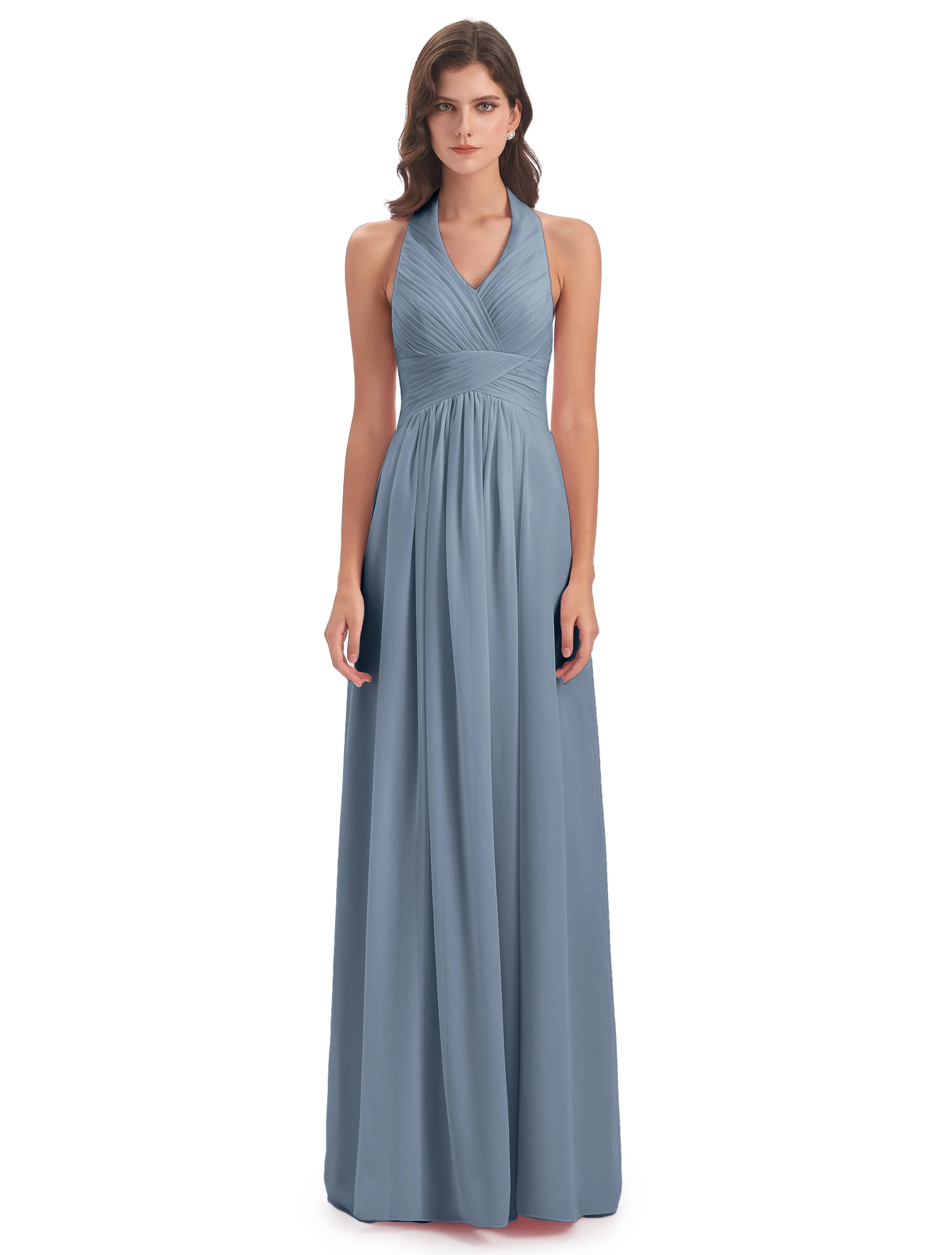 Elsie Vintage Chiffon Halter Pleating Long Bridesmaid Dresses