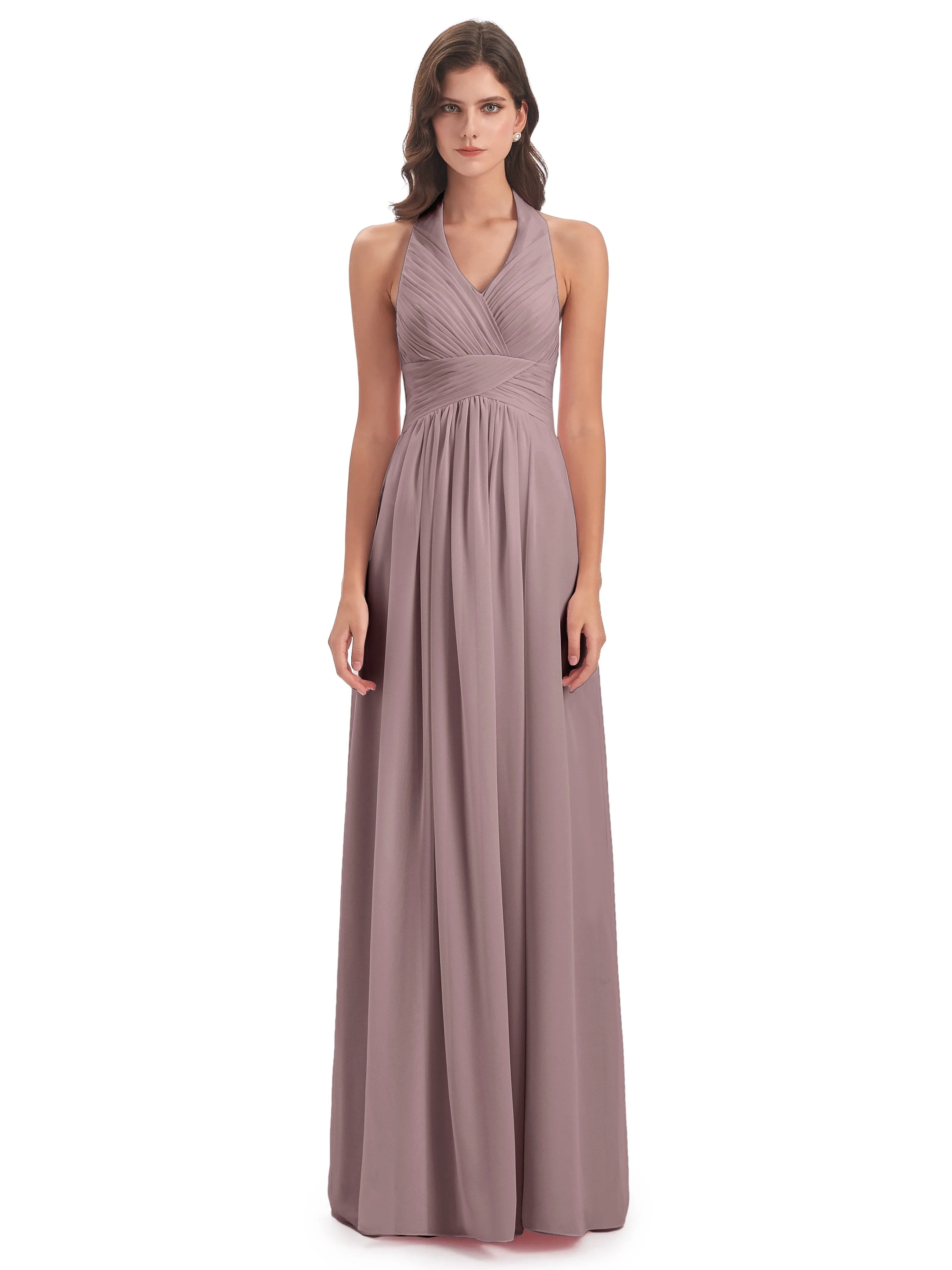 Elsie Vintage Chiffon Halter Pleating Long Bridesmaid Dresses