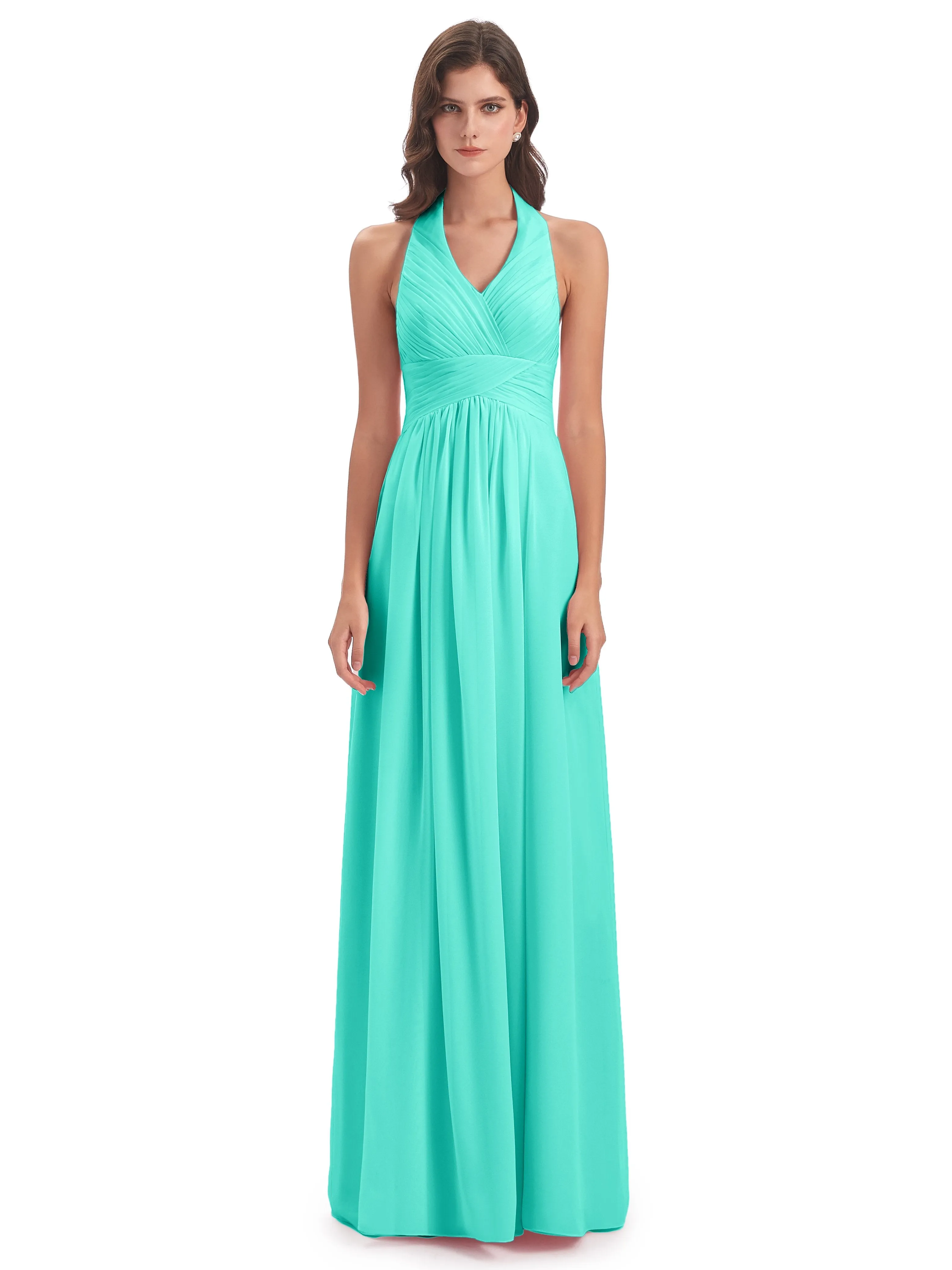 Elsie Vintage Chiffon Halter Pleating Long Bridesmaid Dresses