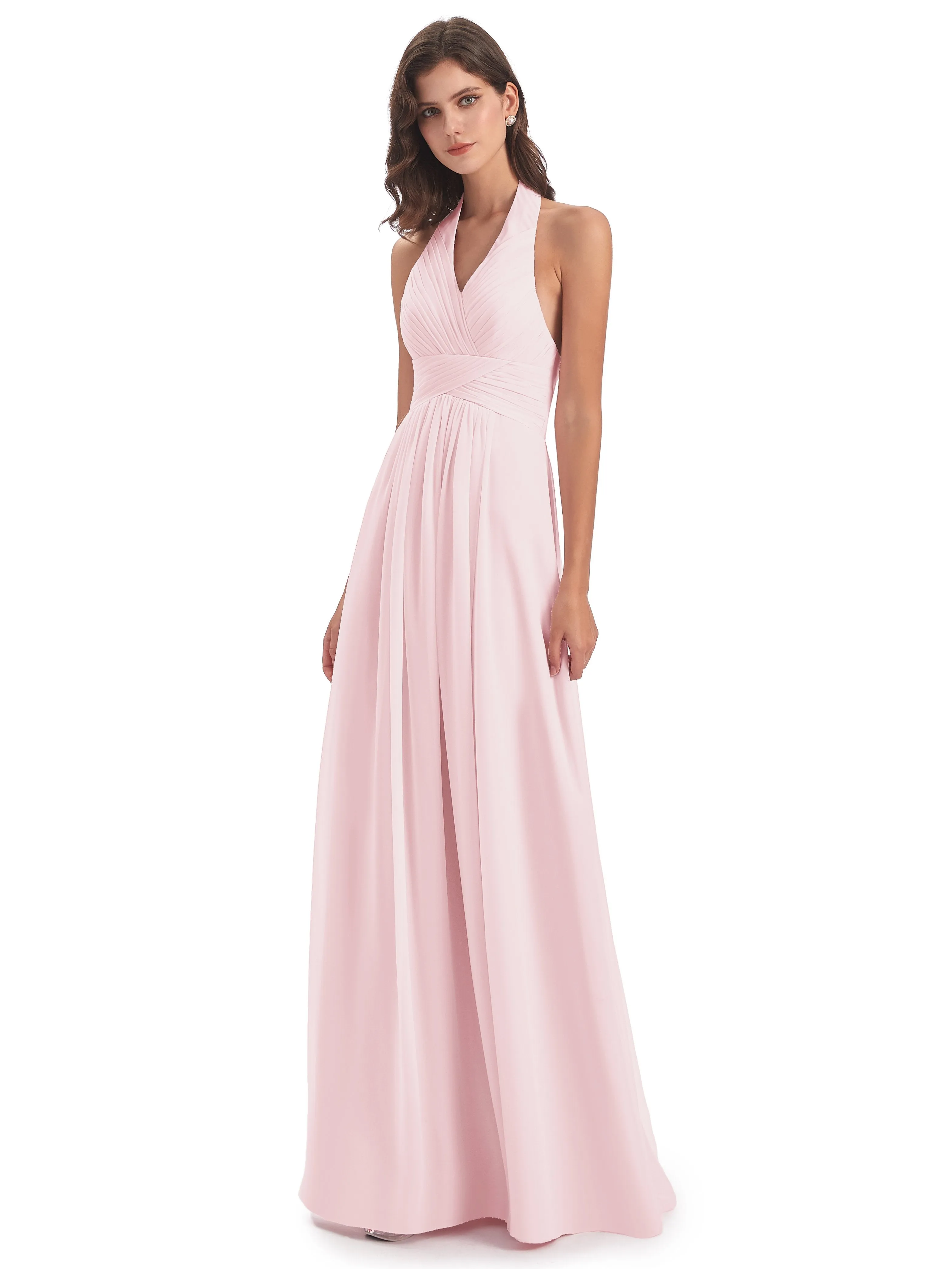 Elsie Vintage Chiffon Halter Pleating Long Bridesmaid Dresses