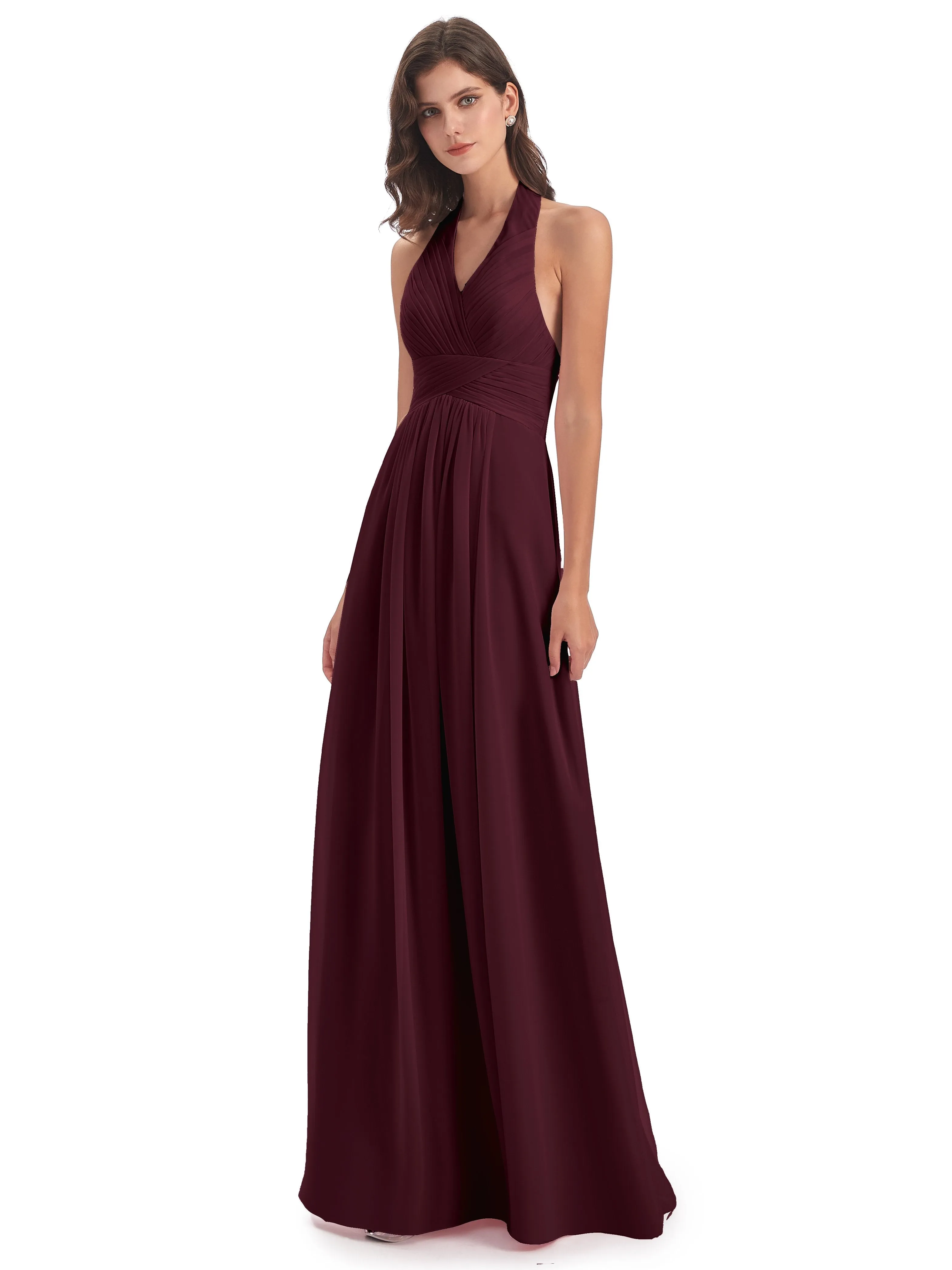 Elsie Vintage Chiffon Halter Pleating Long Bridesmaid Dresses