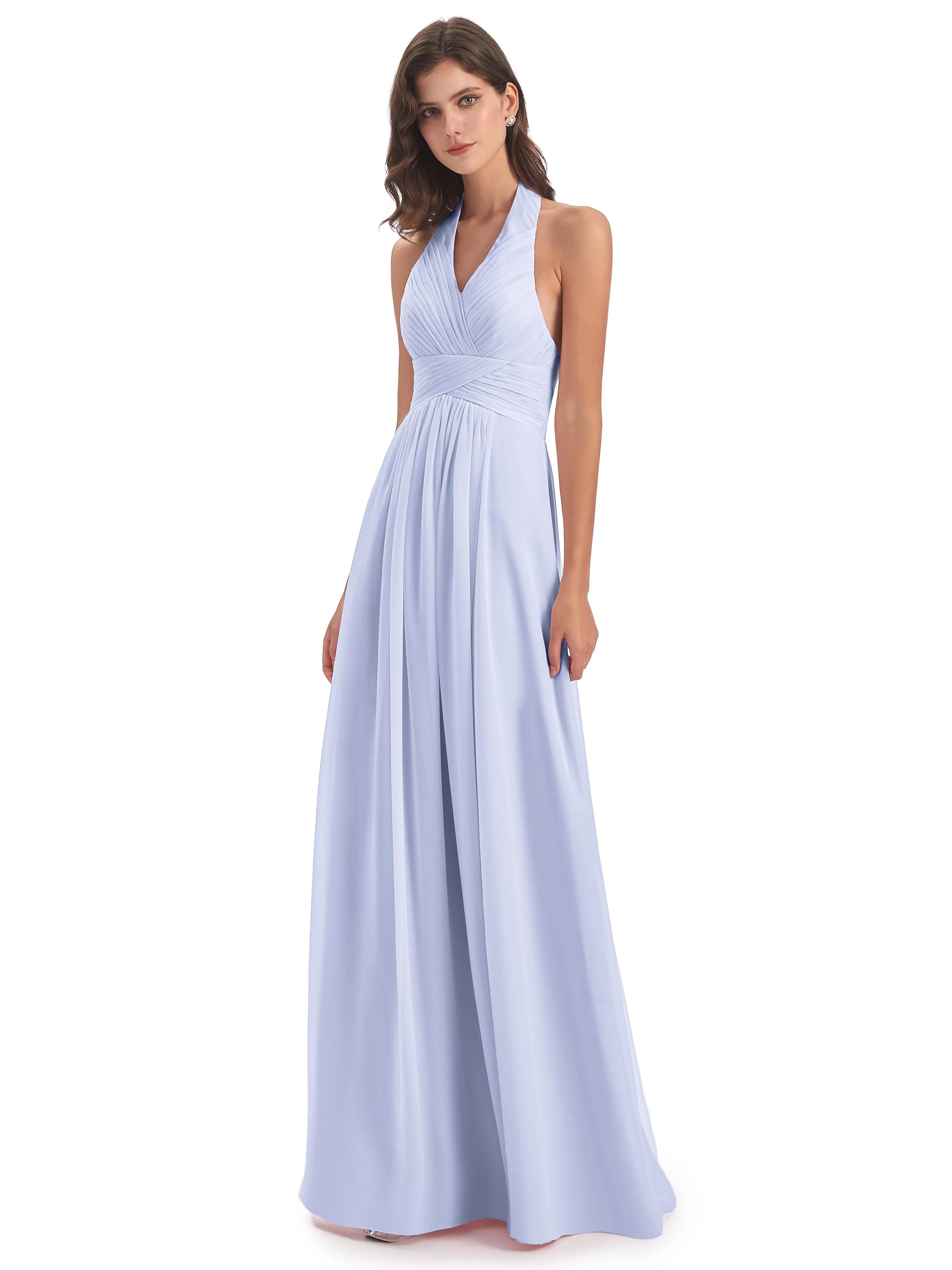 Elsie Vintage Chiffon Halter Pleating Long Bridesmaid Dresses