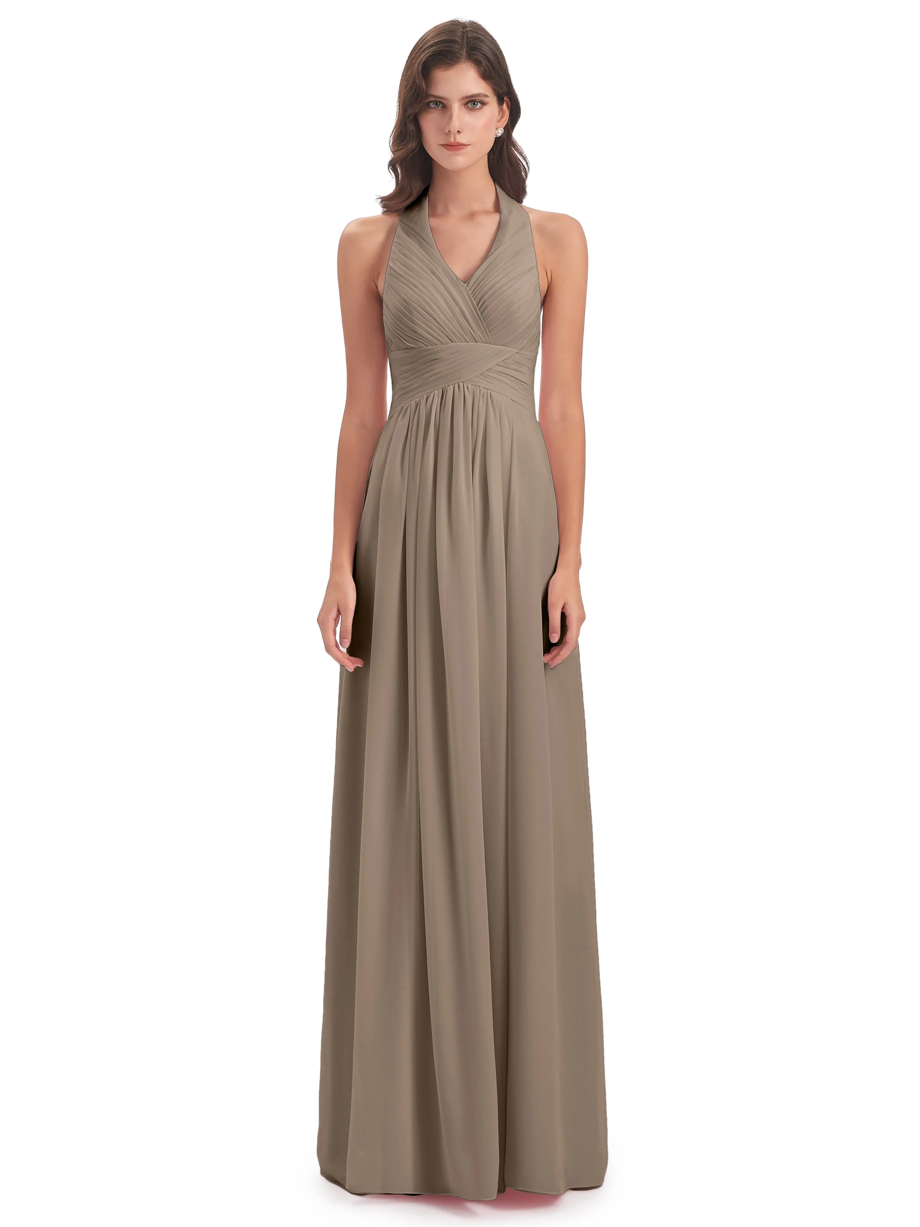 Elsie Vintage Chiffon Halter Pleating Long Bridesmaid Dresses