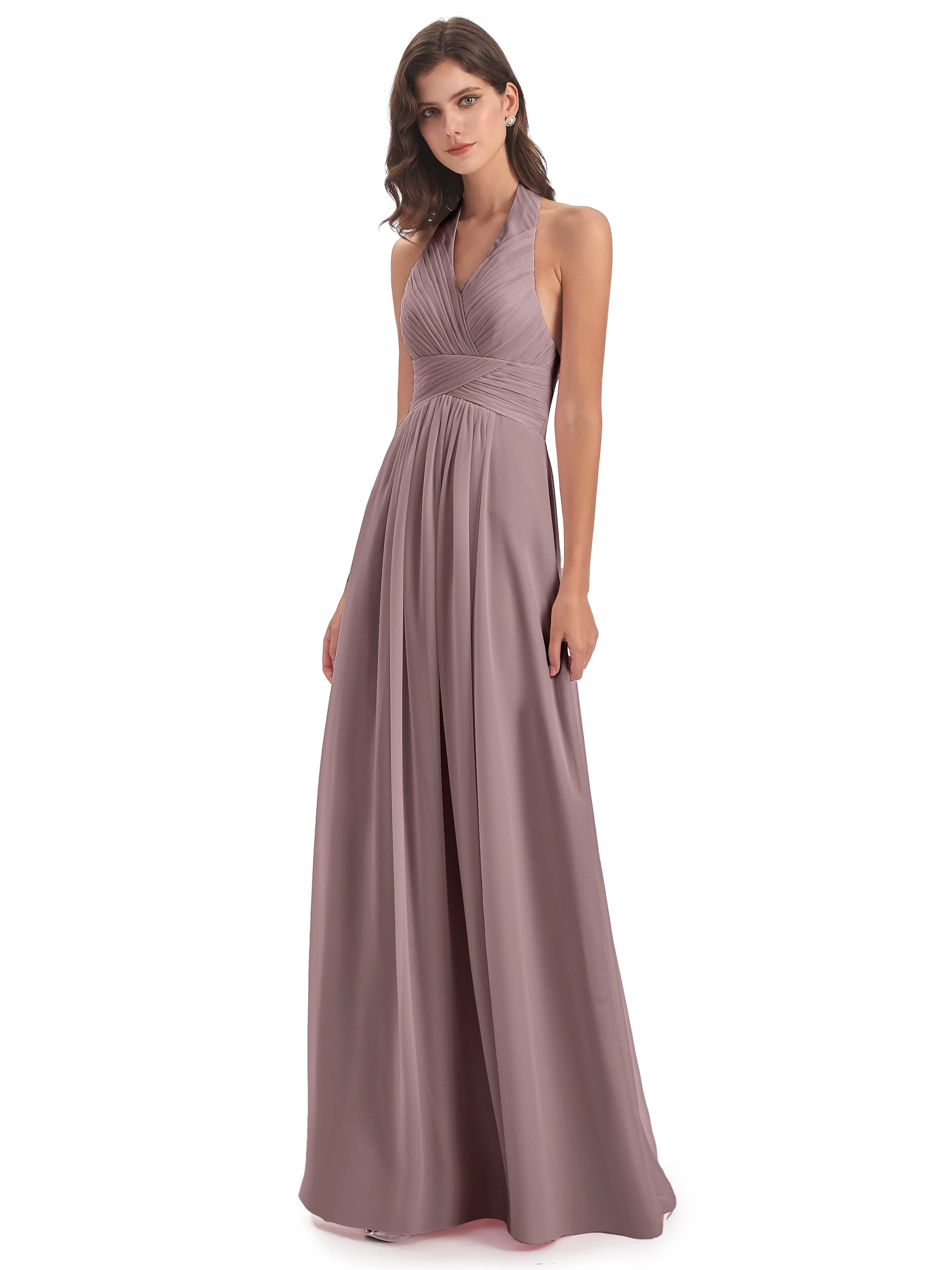 Elsie Vintage Chiffon Halter Pleating Long Bridesmaid Dresses