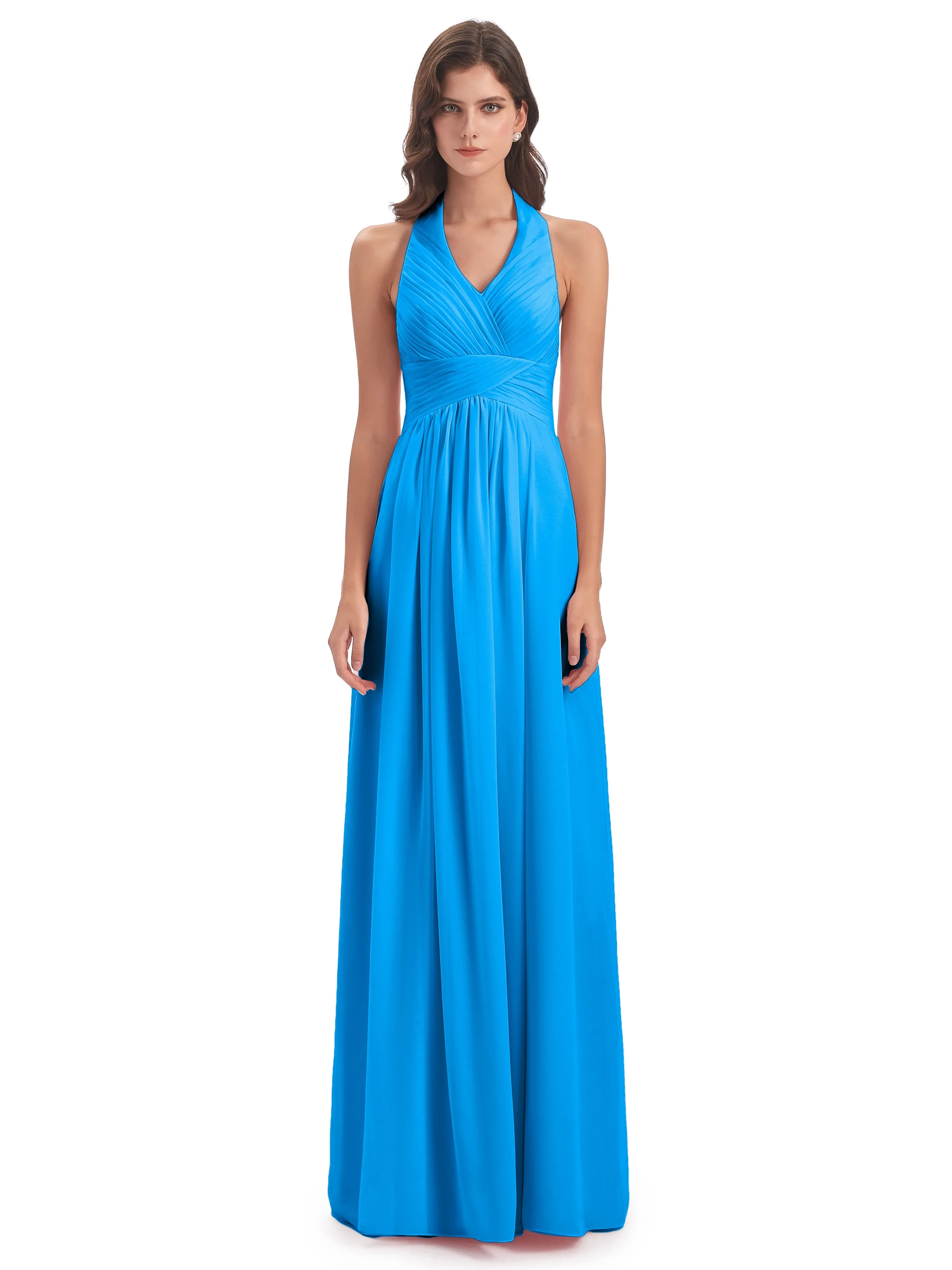 Elsie Vintage Chiffon Halter Pleating Long Bridesmaid Dresses