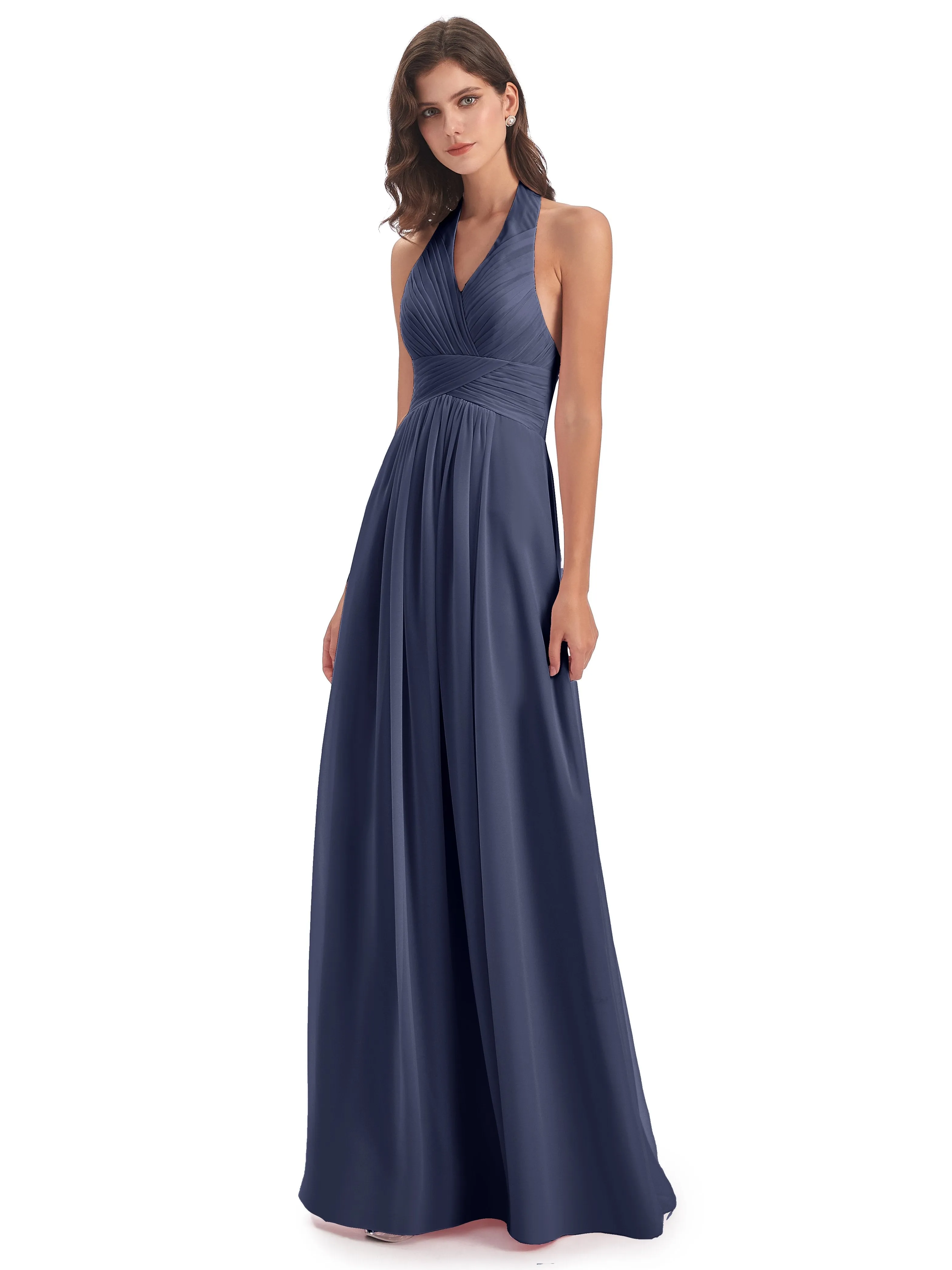 Elsie Vintage Chiffon Halter Pleating Long Bridesmaid Dresses