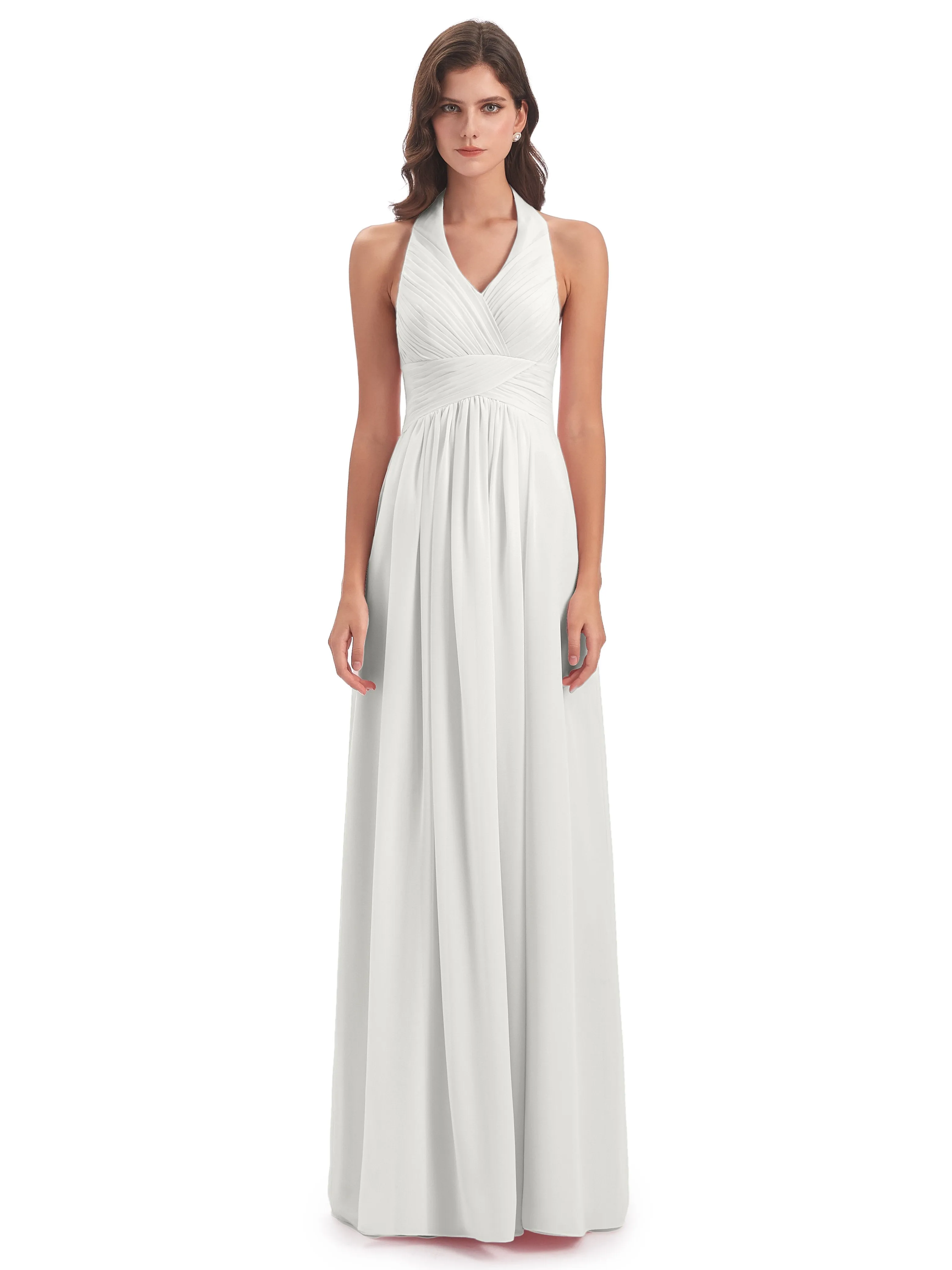 Elsie Vintage Chiffon Halter Pleating Long Bridesmaid Dresses