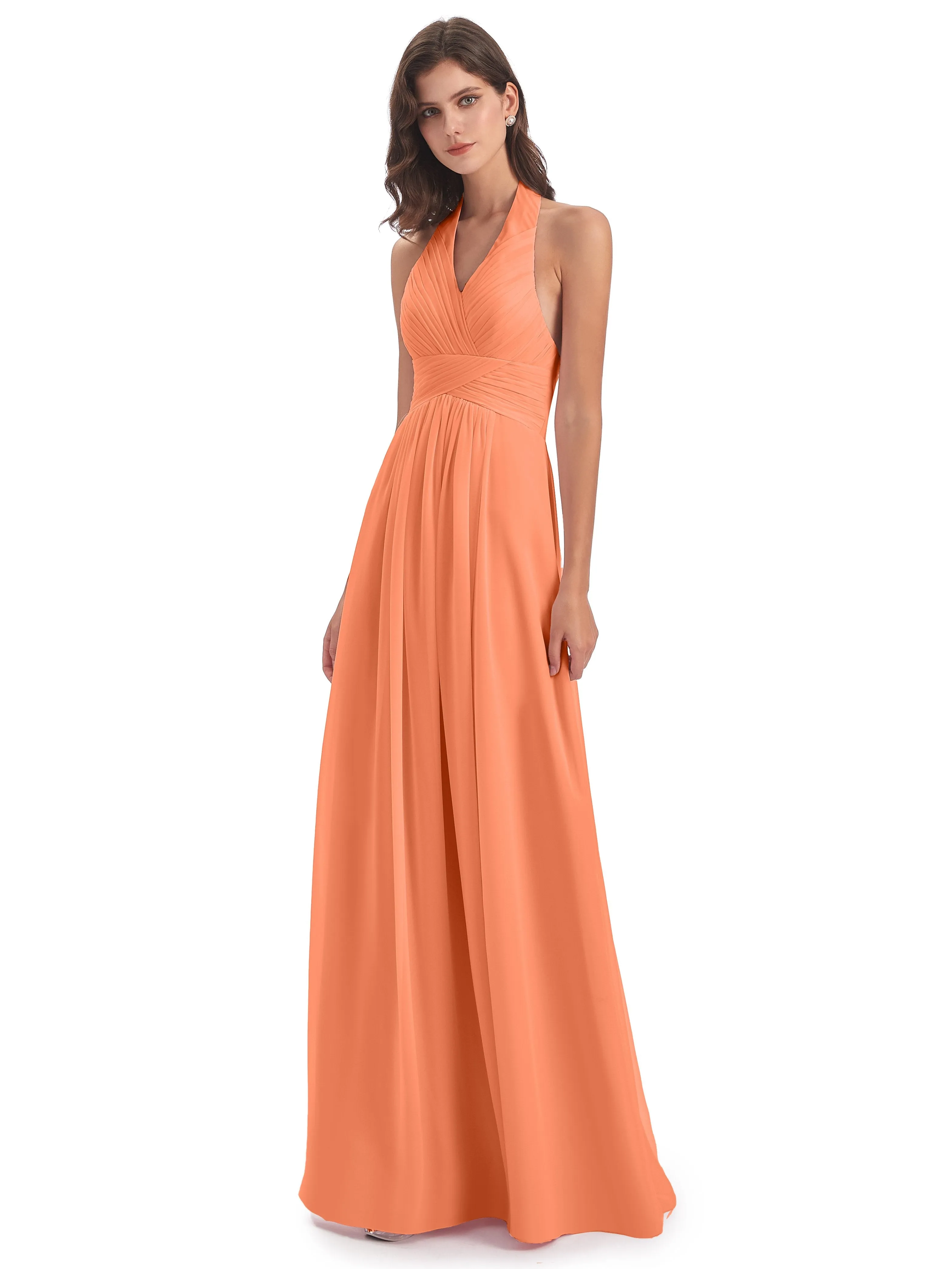 Elsie Vintage Chiffon Halter Pleating Long Bridesmaid Dresses