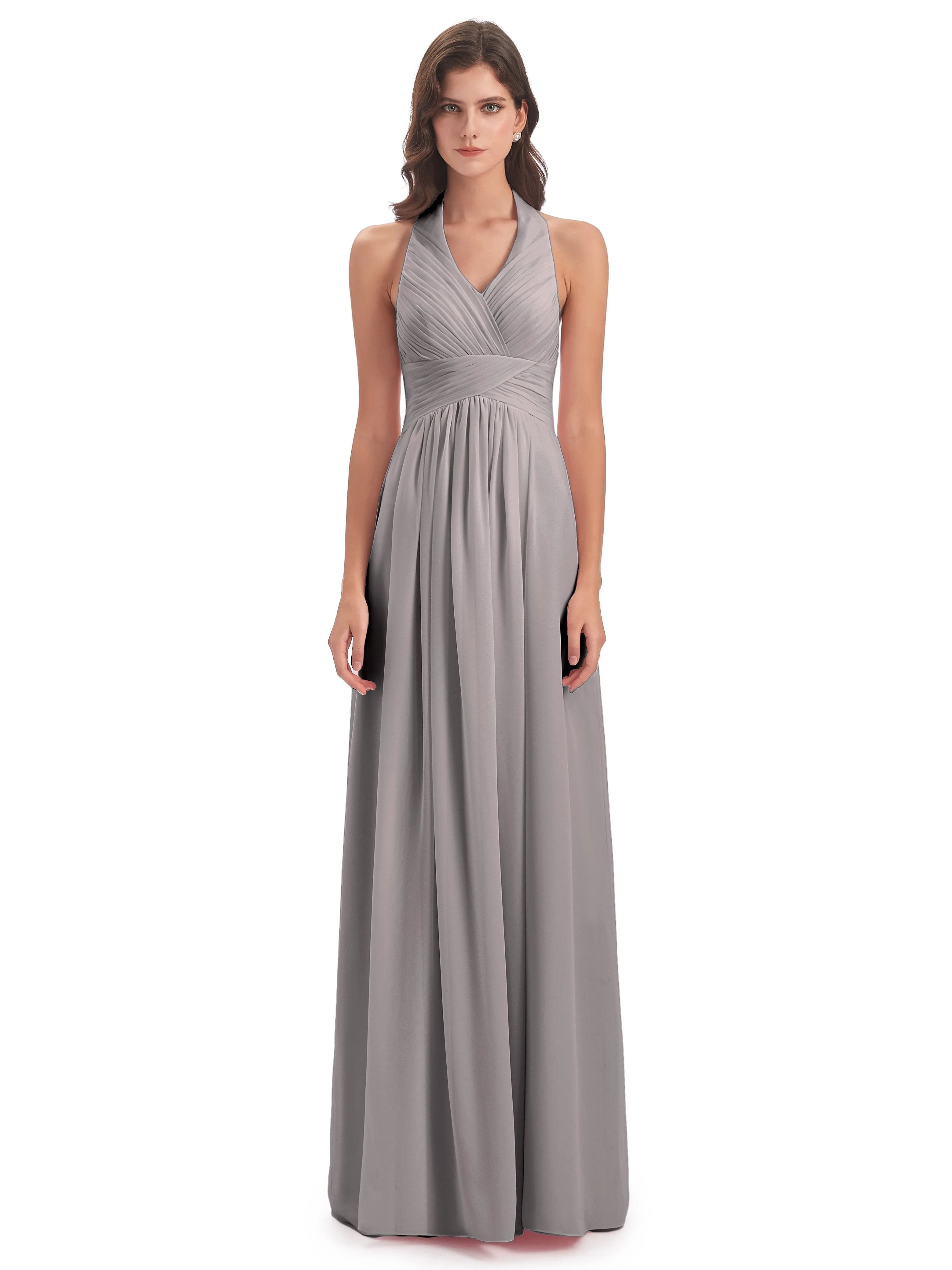 Elsie Vintage Chiffon Halter Pleating Long Bridesmaid Dresses