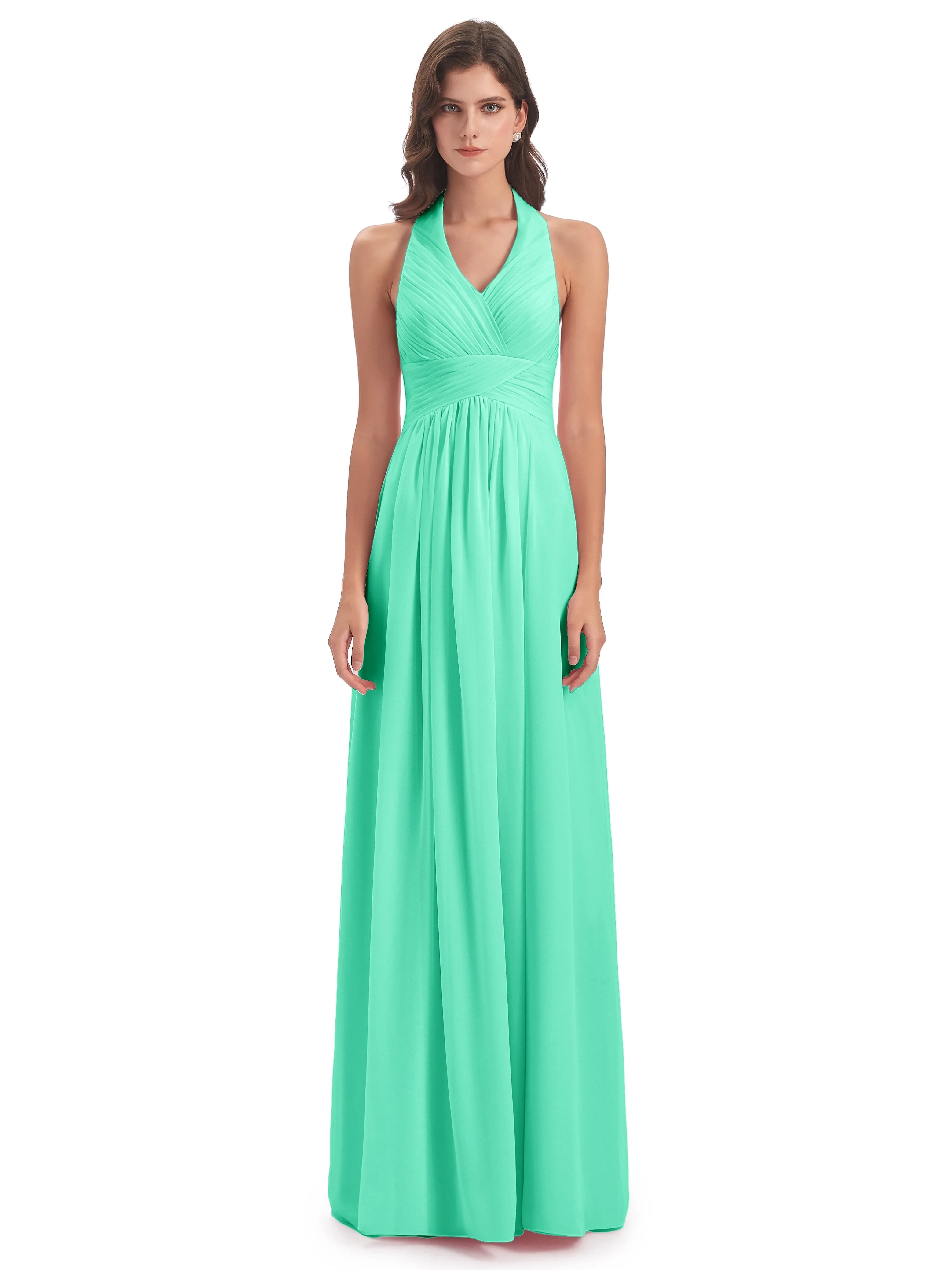 Elsie Vintage Chiffon Halter Pleating Long Bridesmaid Dresses