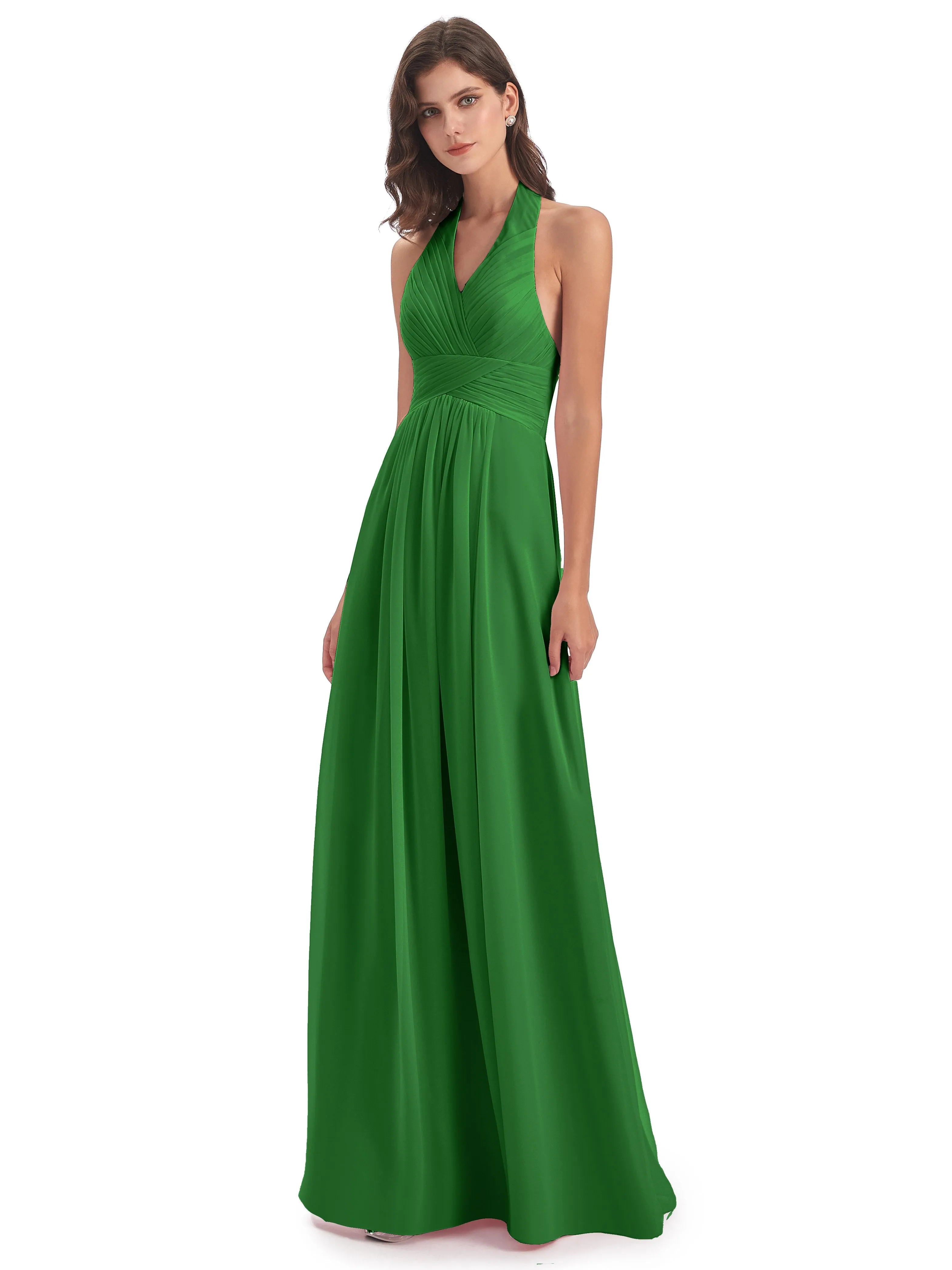 Elsie Vintage Chiffon Halter Pleating Long Bridesmaid Dresses