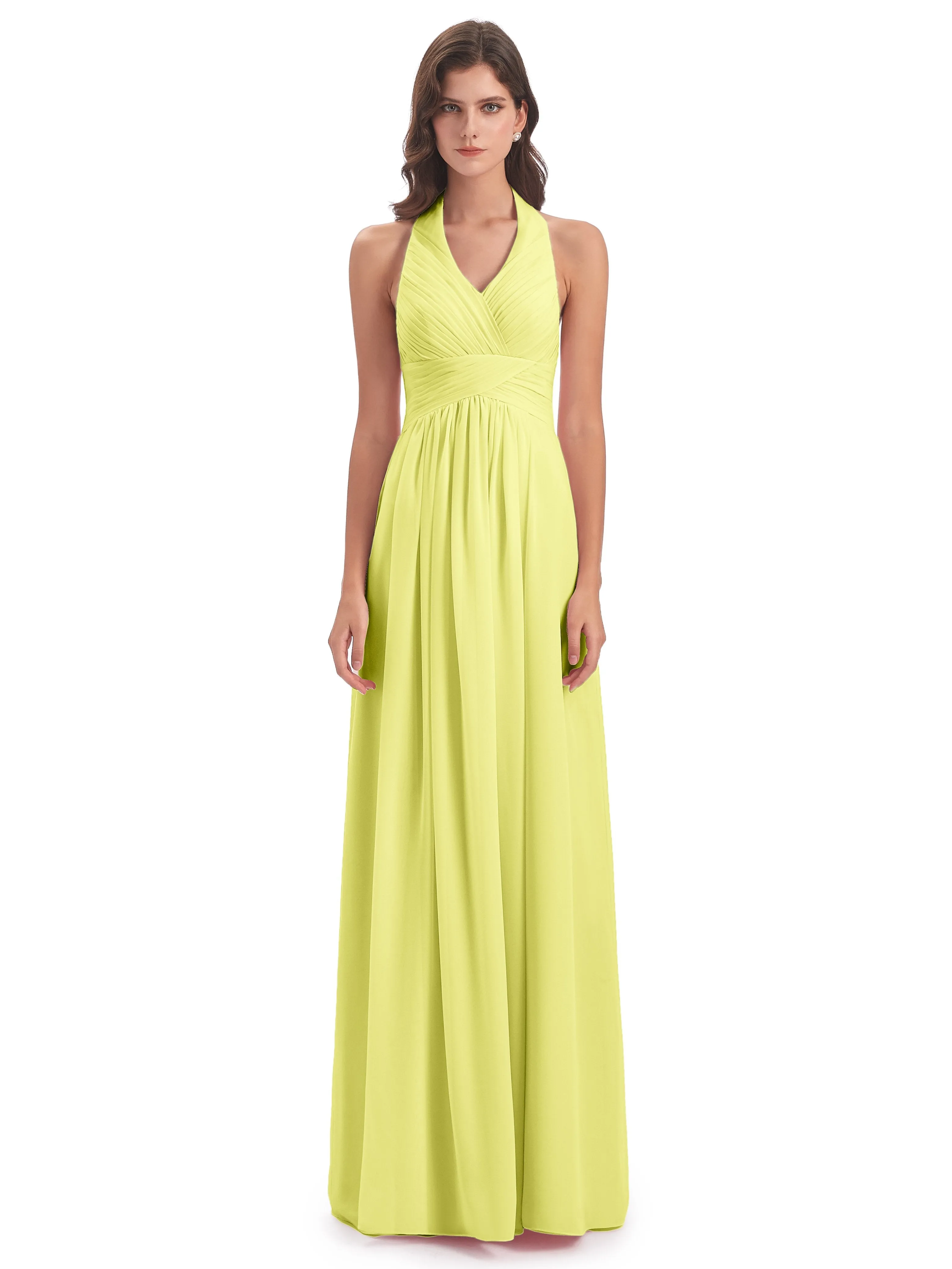 Elsie Vintage Chiffon Halter Pleating Long Bridesmaid Dresses