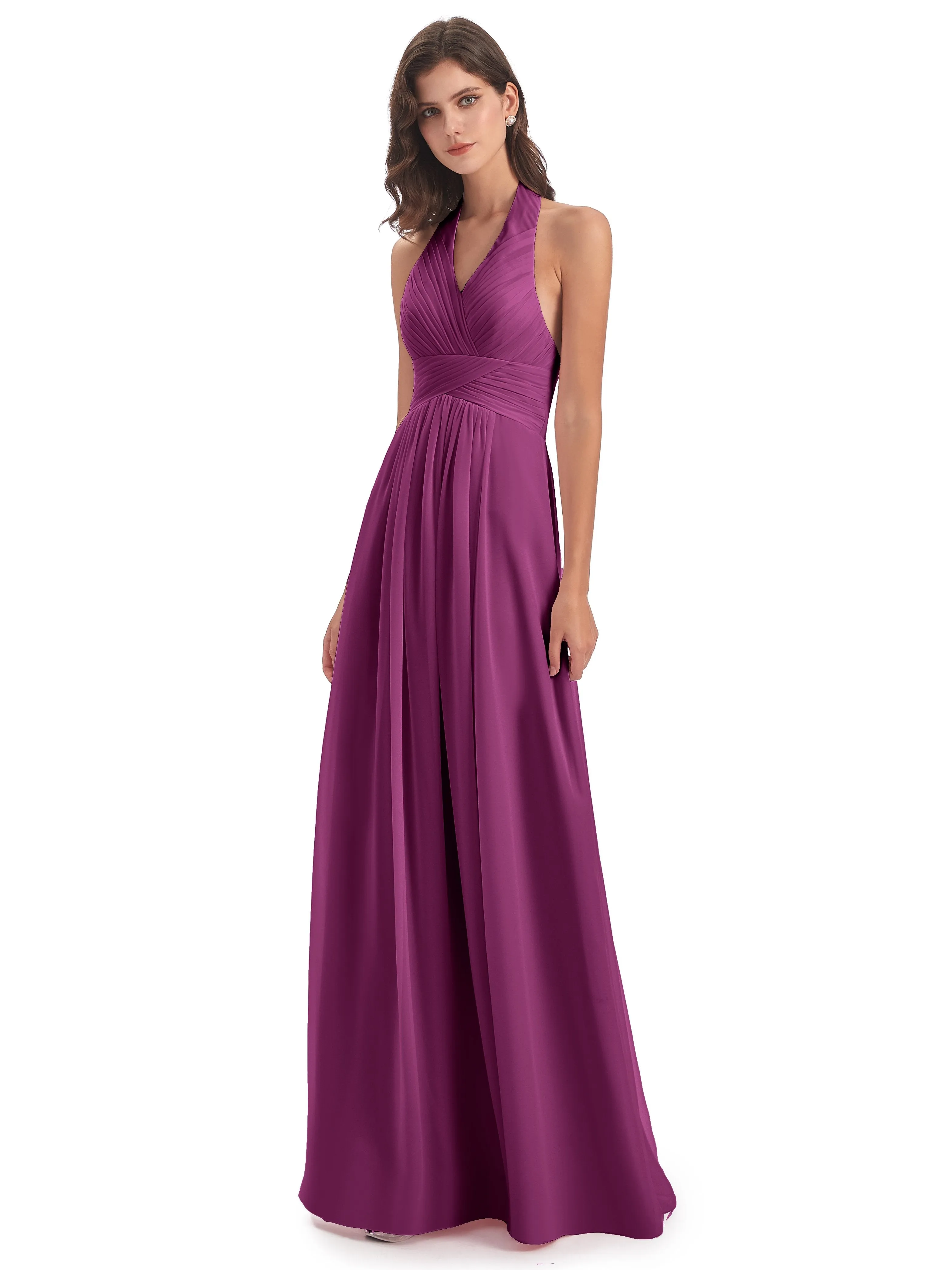 Elsie Vintage Chiffon Halter Pleating Long Bridesmaid Dresses