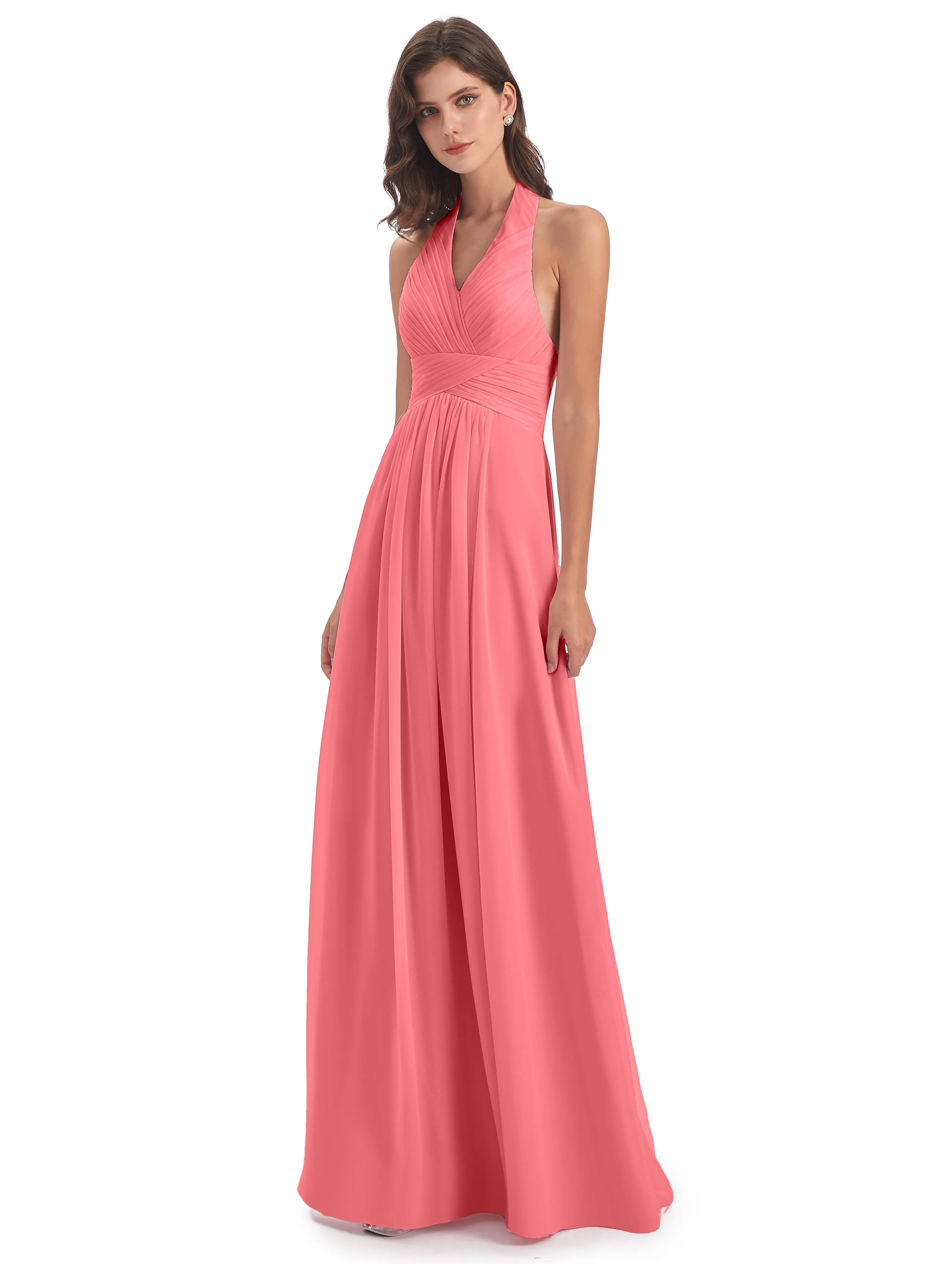 Elsie Vintage Chiffon Halter Pleating Long Bridesmaid Dresses