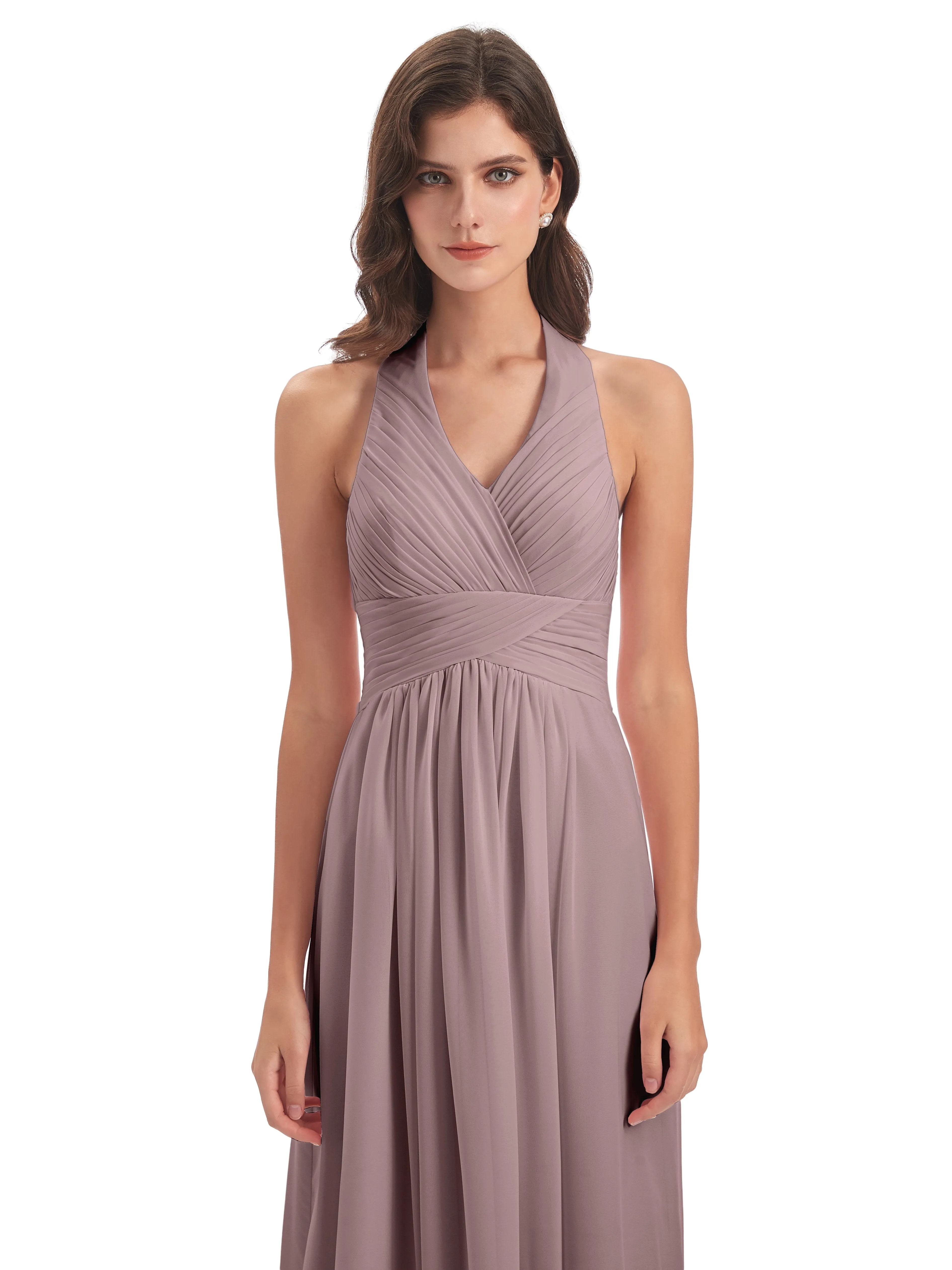 Elsie Vintage Chiffon Halter Pleating Long Bridesmaid Dresses