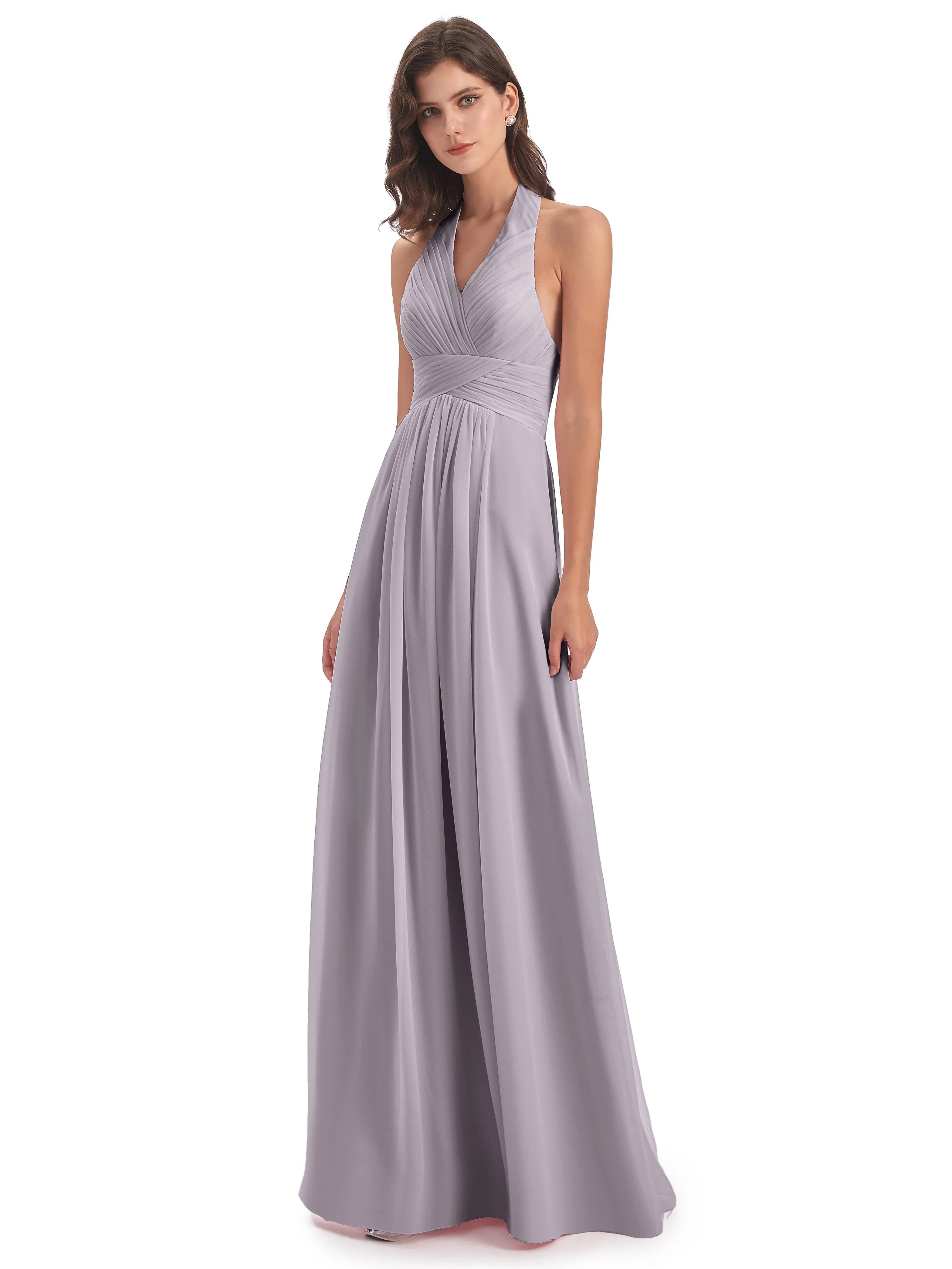 Elsie Vintage Chiffon Halter Pleating Long Bridesmaid Dresses