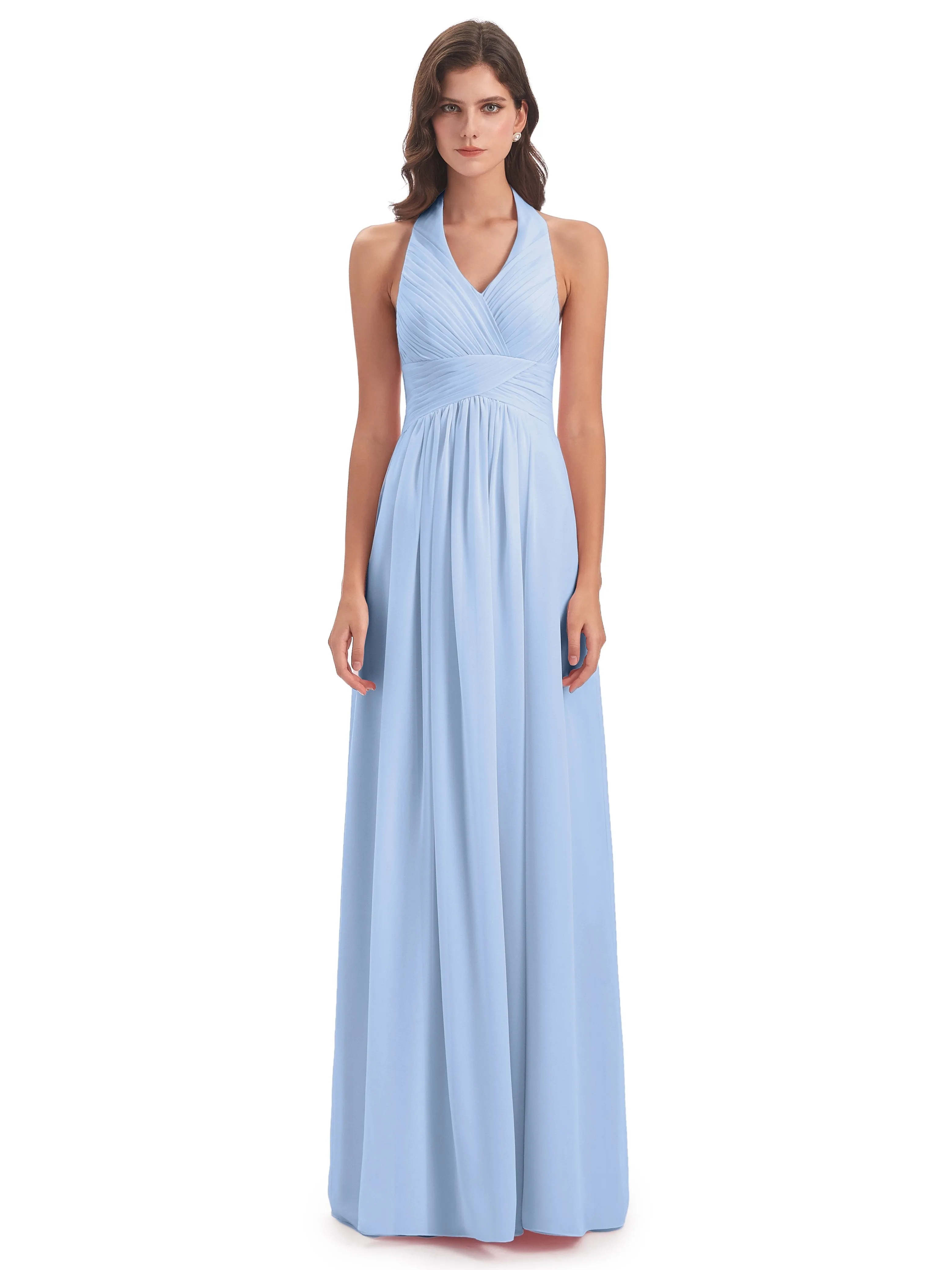 Elsie Vintage Chiffon Halter Pleating Long Bridesmaid Dresses