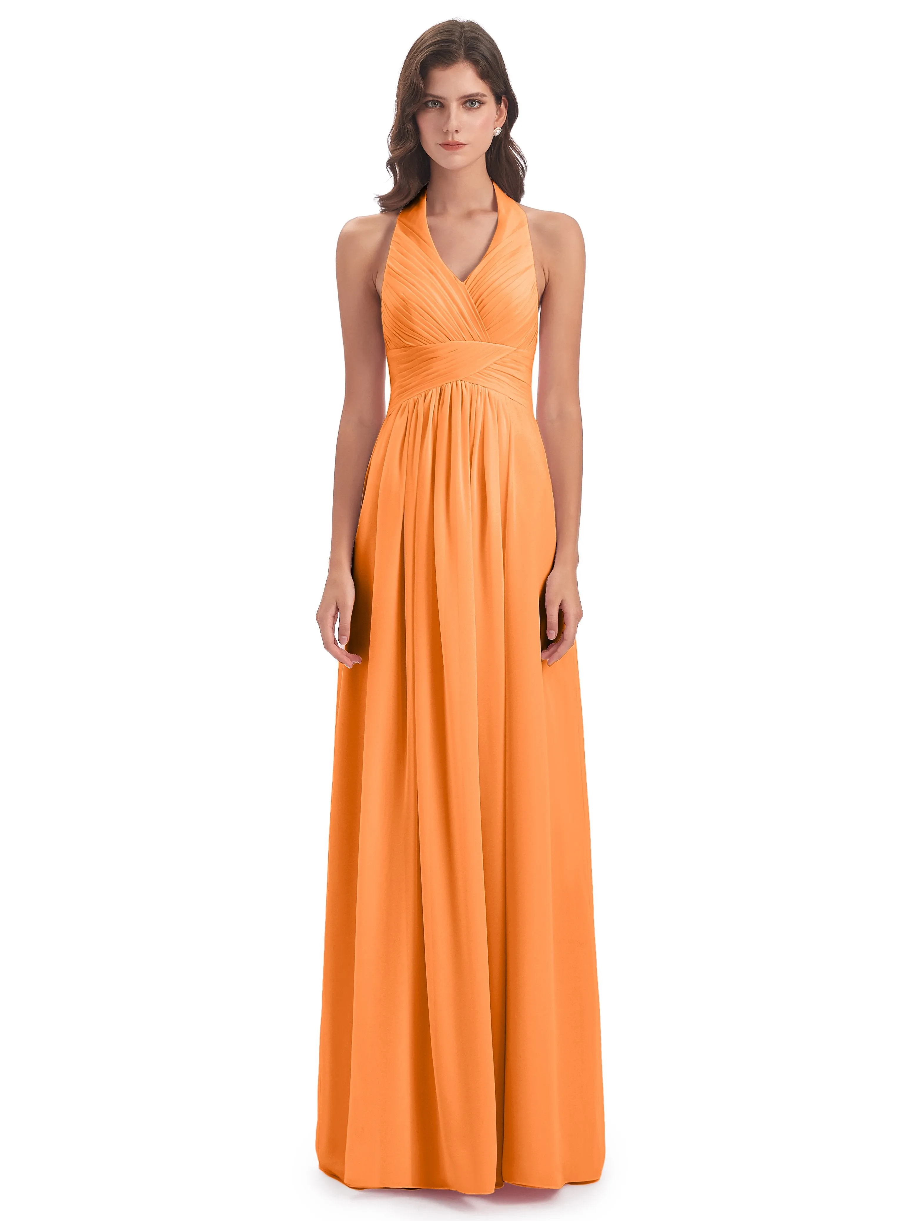 Elsie Vintage Chiffon Halter Pleating Long Bridesmaid Dresses