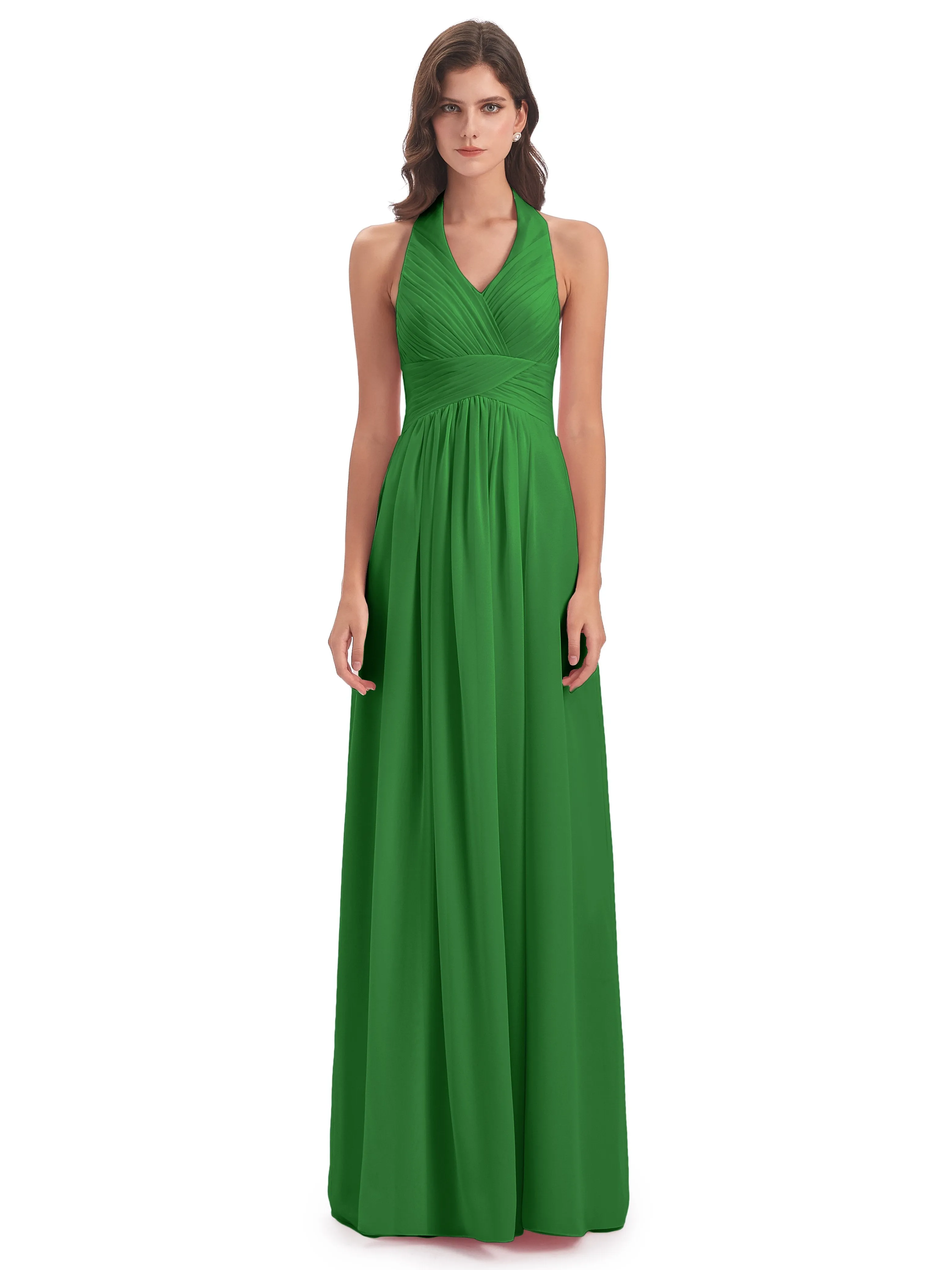 Elsie Vintage Chiffon Halter Pleating Long Bridesmaid Dresses