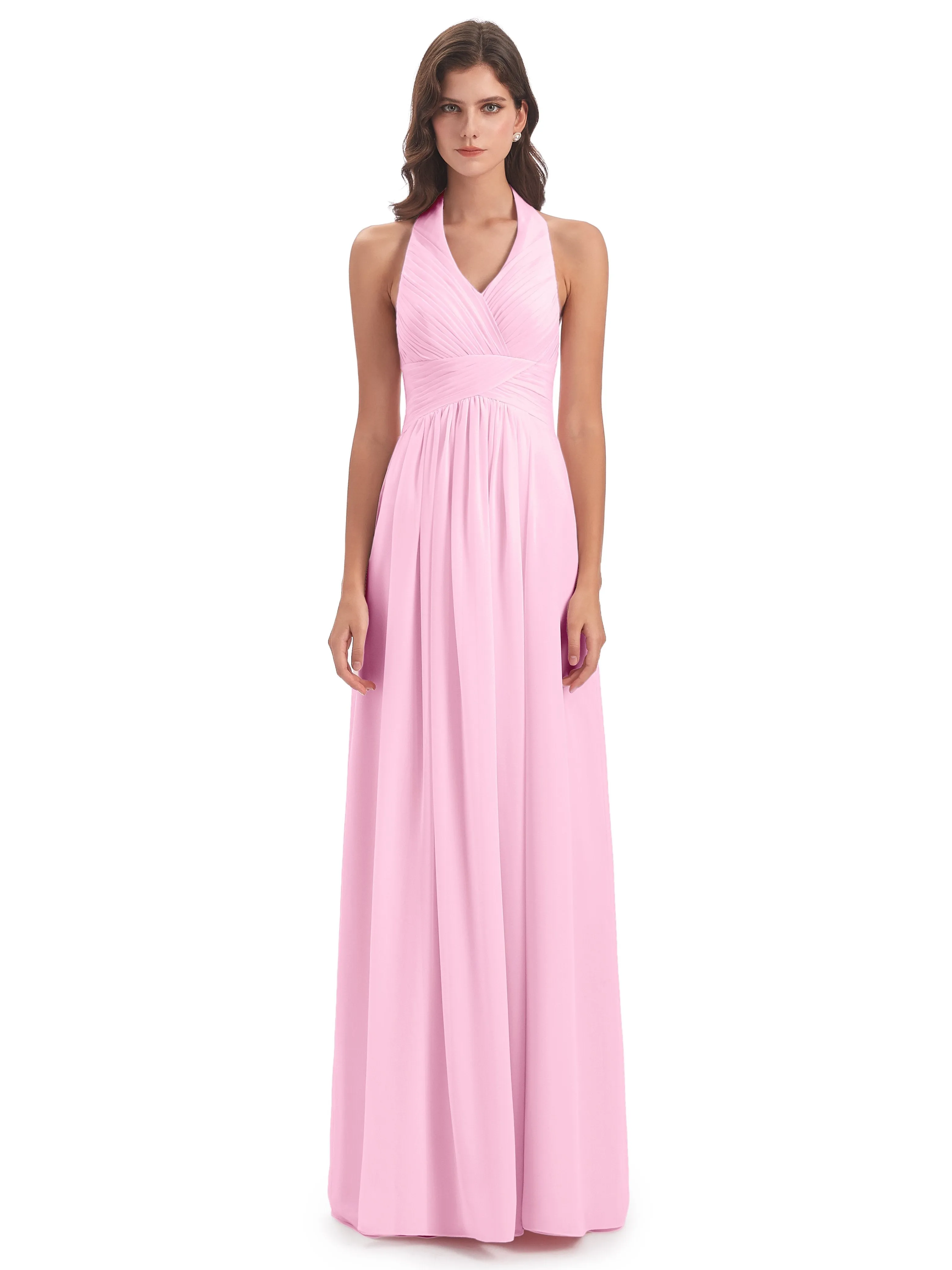 Elsie Vintage Chiffon Halter Pleating Long Bridesmaid Dresses