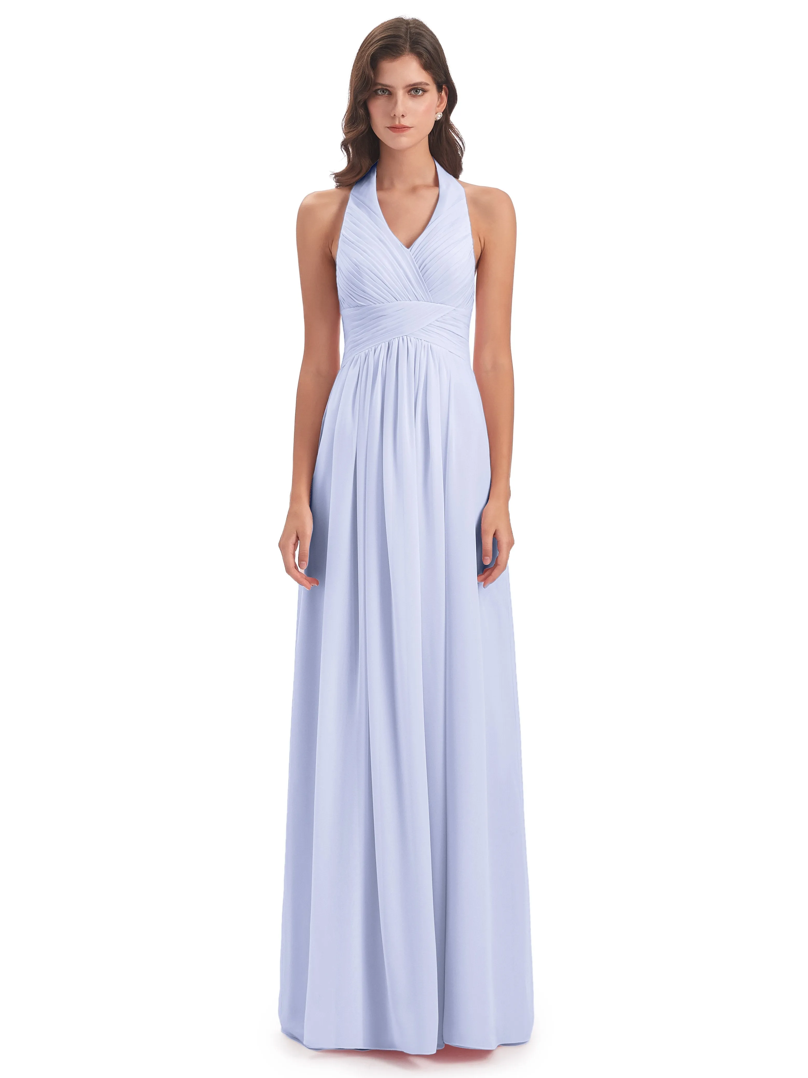 Elsie Vintage Chiffon Halter Pleating Long Bridesmaid Dresses