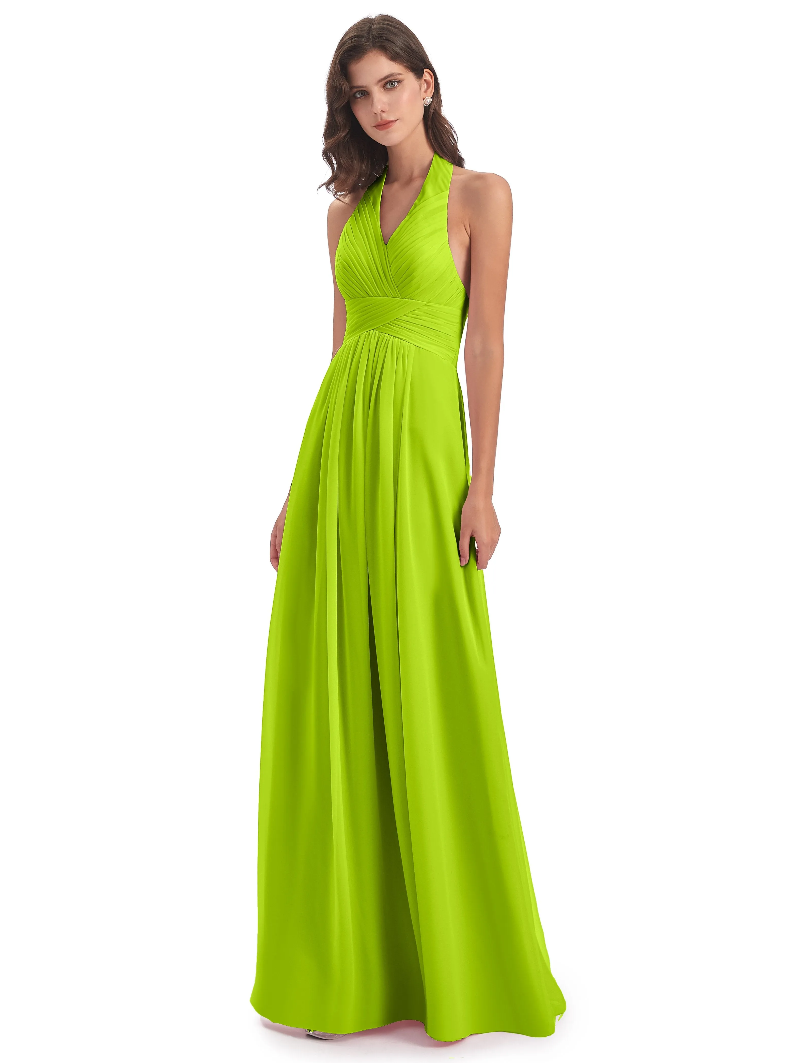 Elsie Vintage Chiffon Halter Pleating Long Bridesmaid Dresses