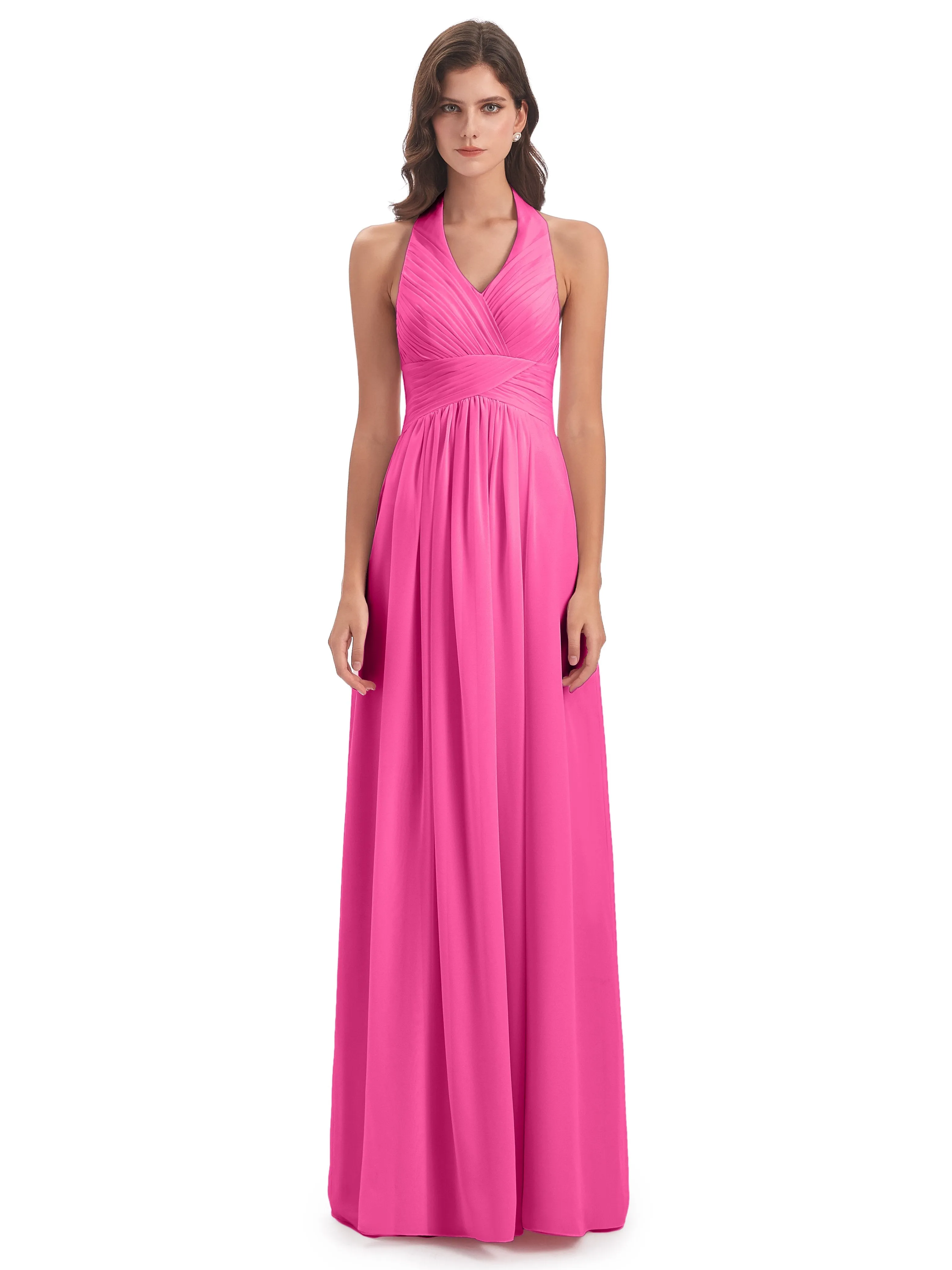 Elsie Vintage Chiffon Halter Pleating Long Bridesmaid Dresses