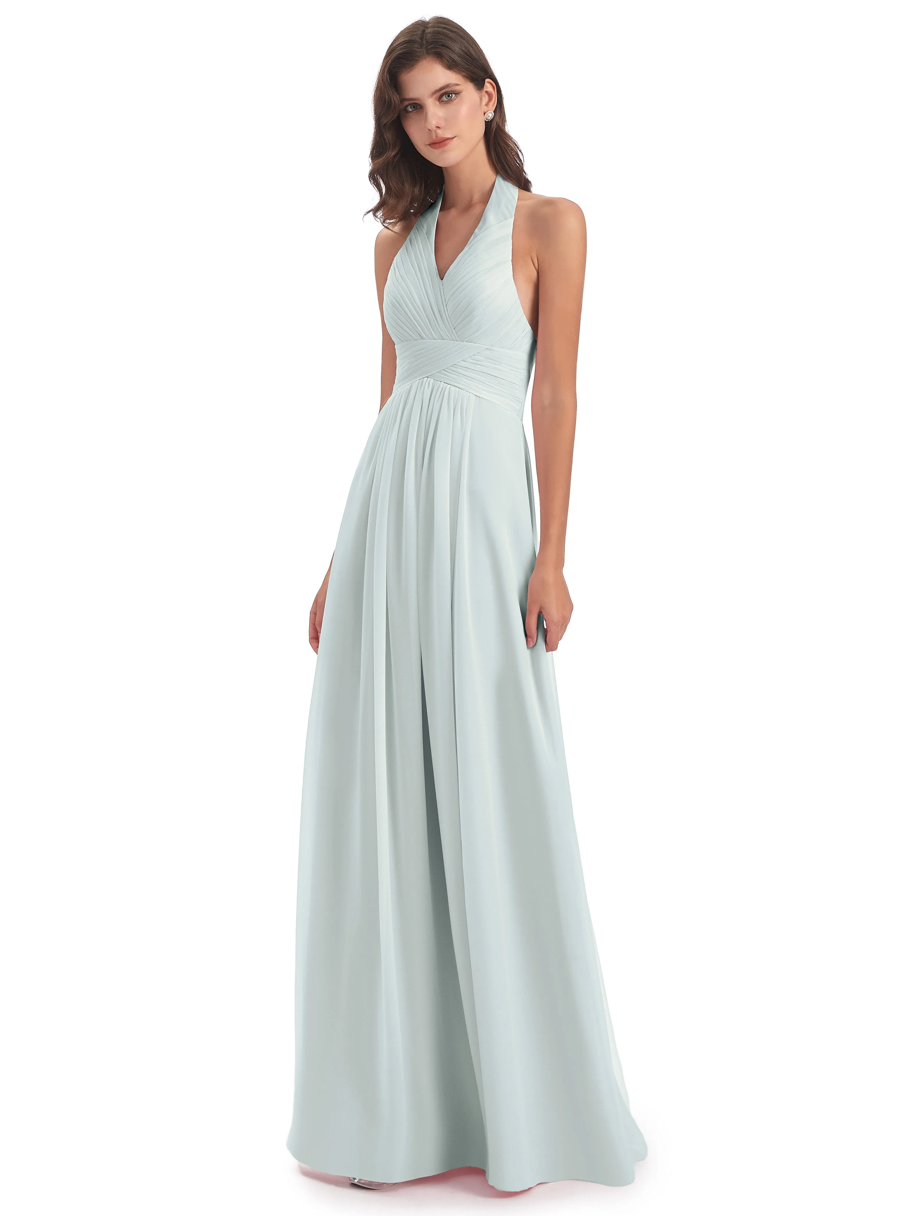 Elsie Vintage Chiffon Halter Pleating Long Bridesmaid Dresses