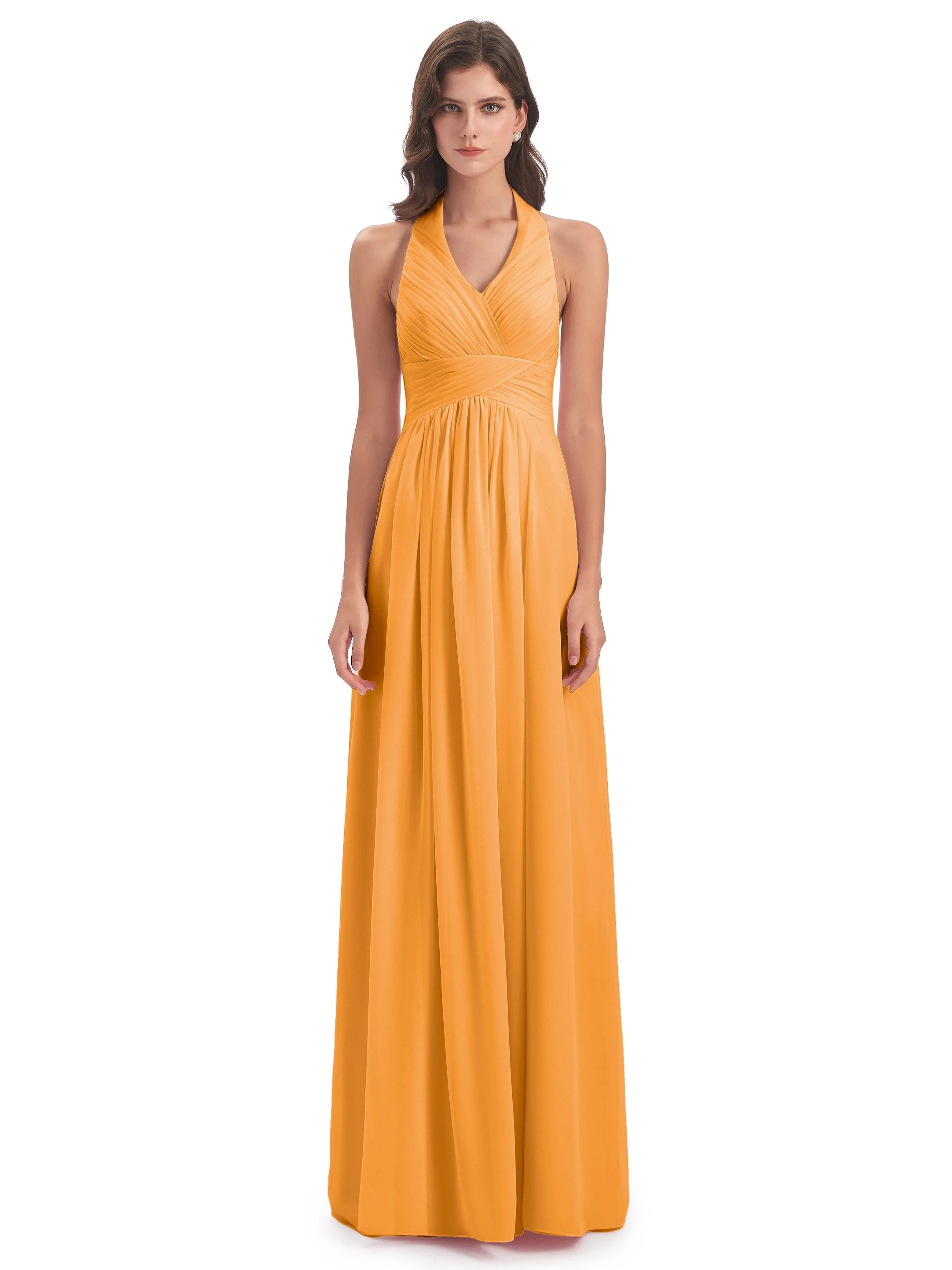 Elsie Vintage Chiffon Halter Pleating Long Bridesmaid Dresses