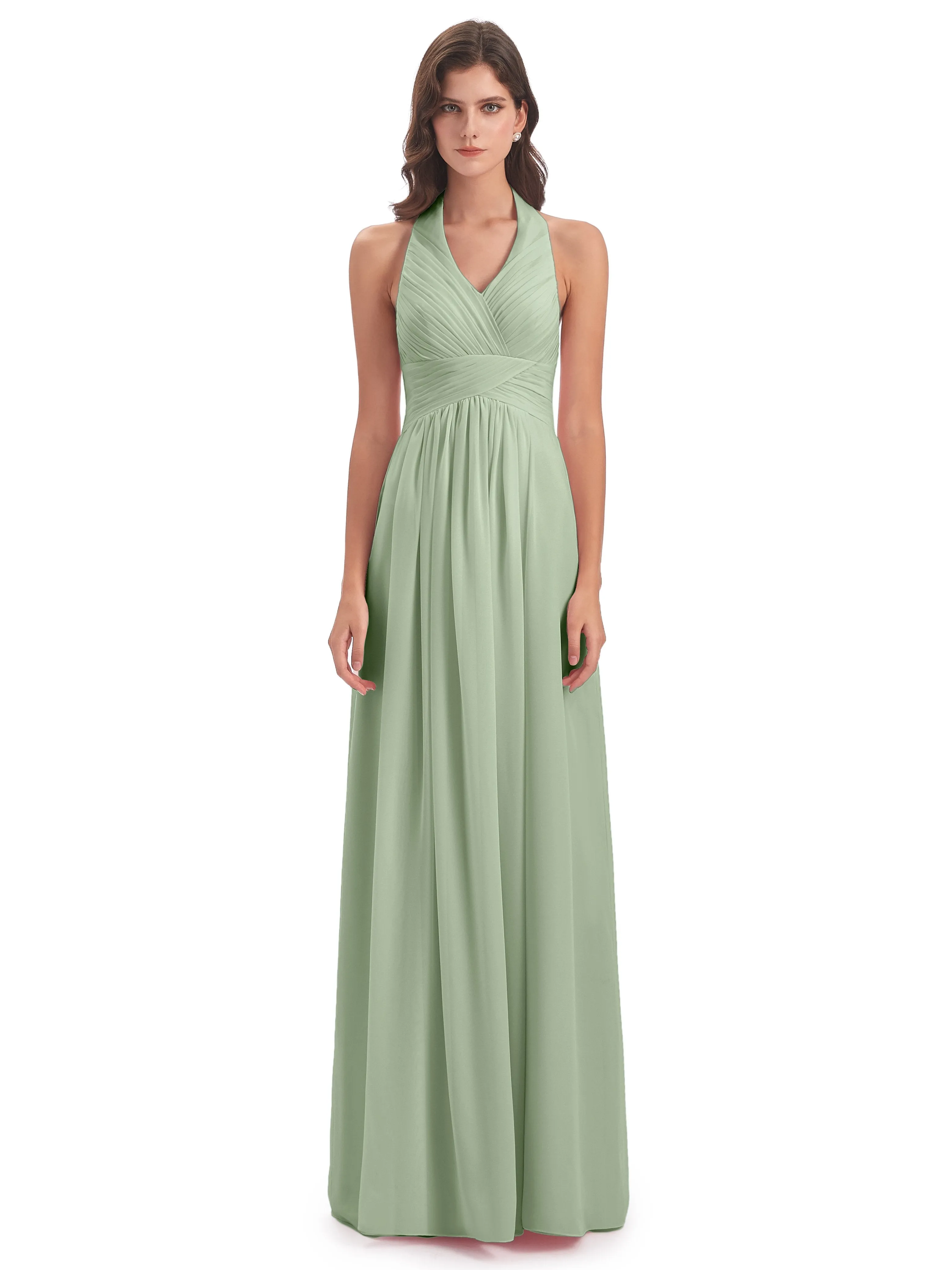 Elsie Vintage Chiffon Halter Pleating Long Bridesmaid Dresses