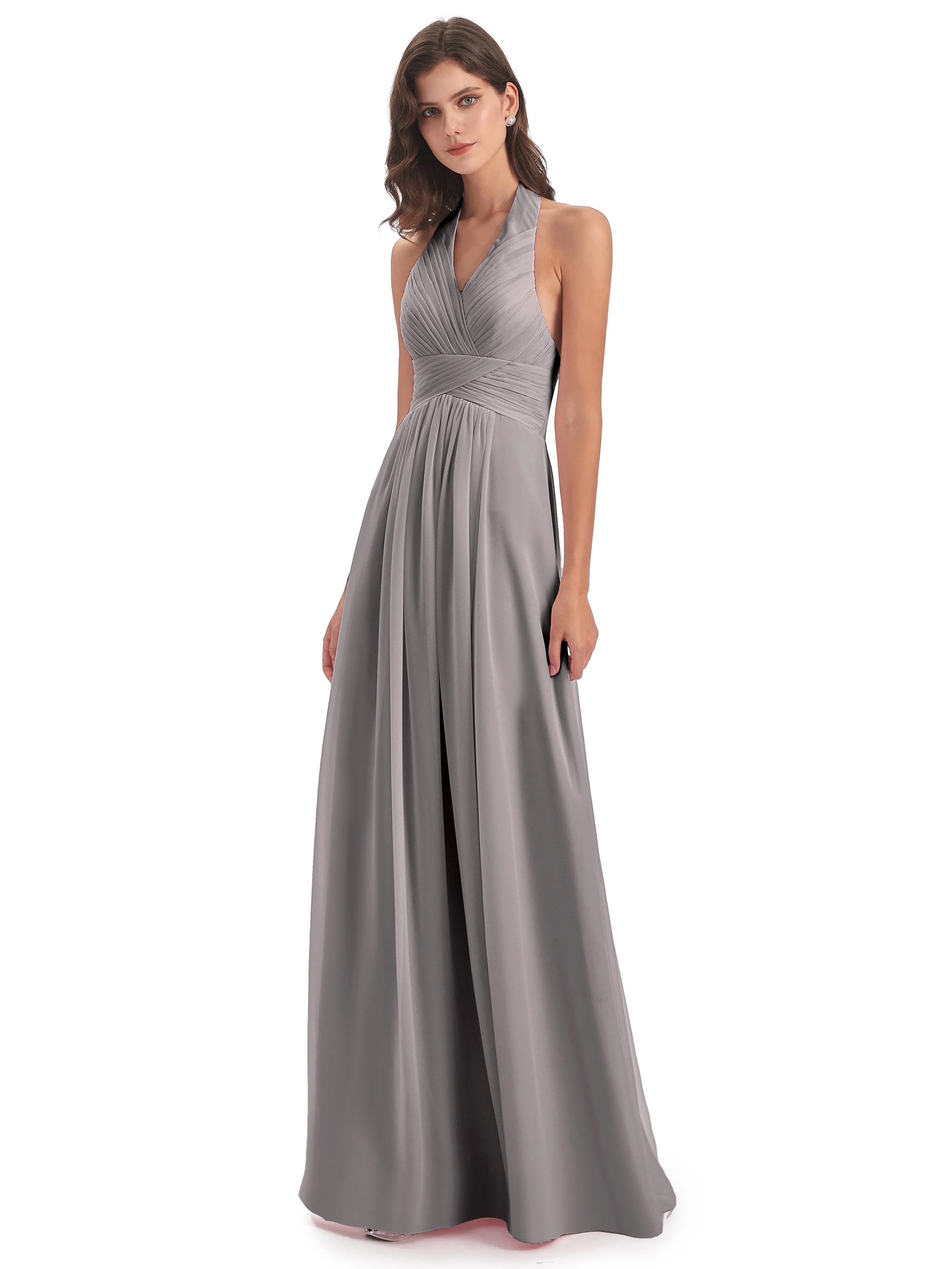 Elsie Vintage Chiffon Halter Pleating Long Bridesmaid Dresses