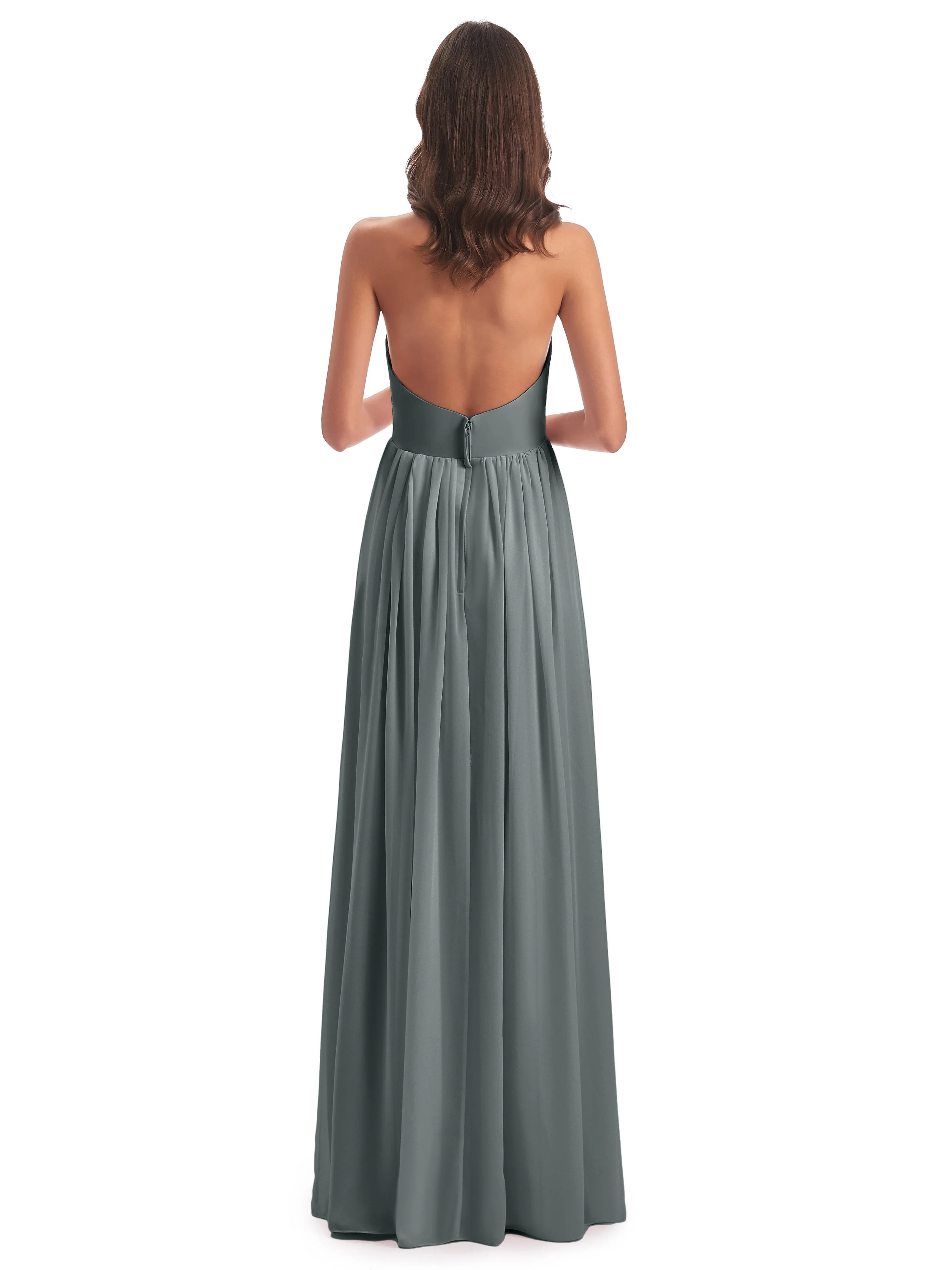 Elsie Vintage Chiffon Halter Pleating Long Bridesmaid Dresses