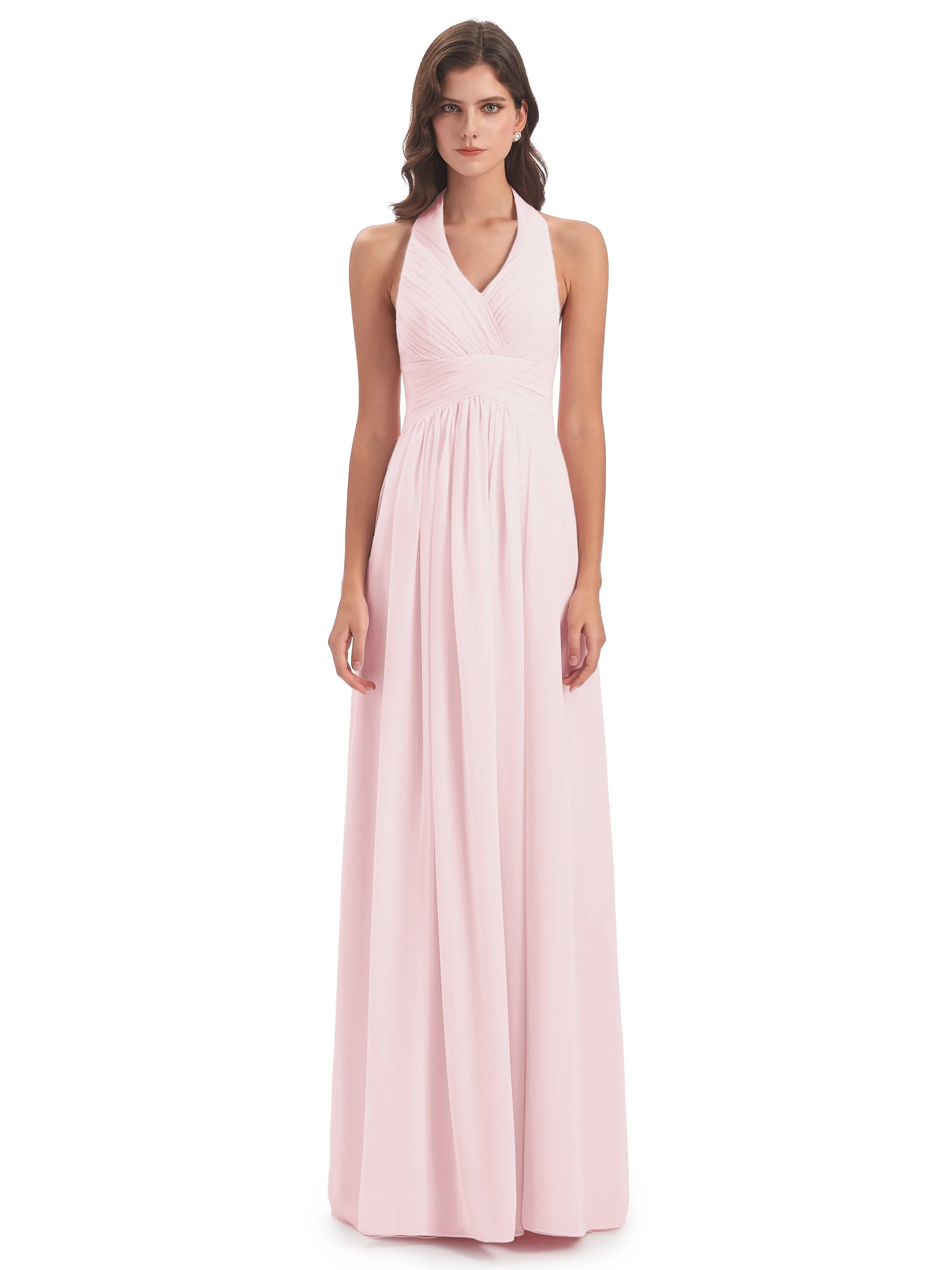 Elsie Vintage Chiffon Halter Pleating Long Bridesmaid Dresses