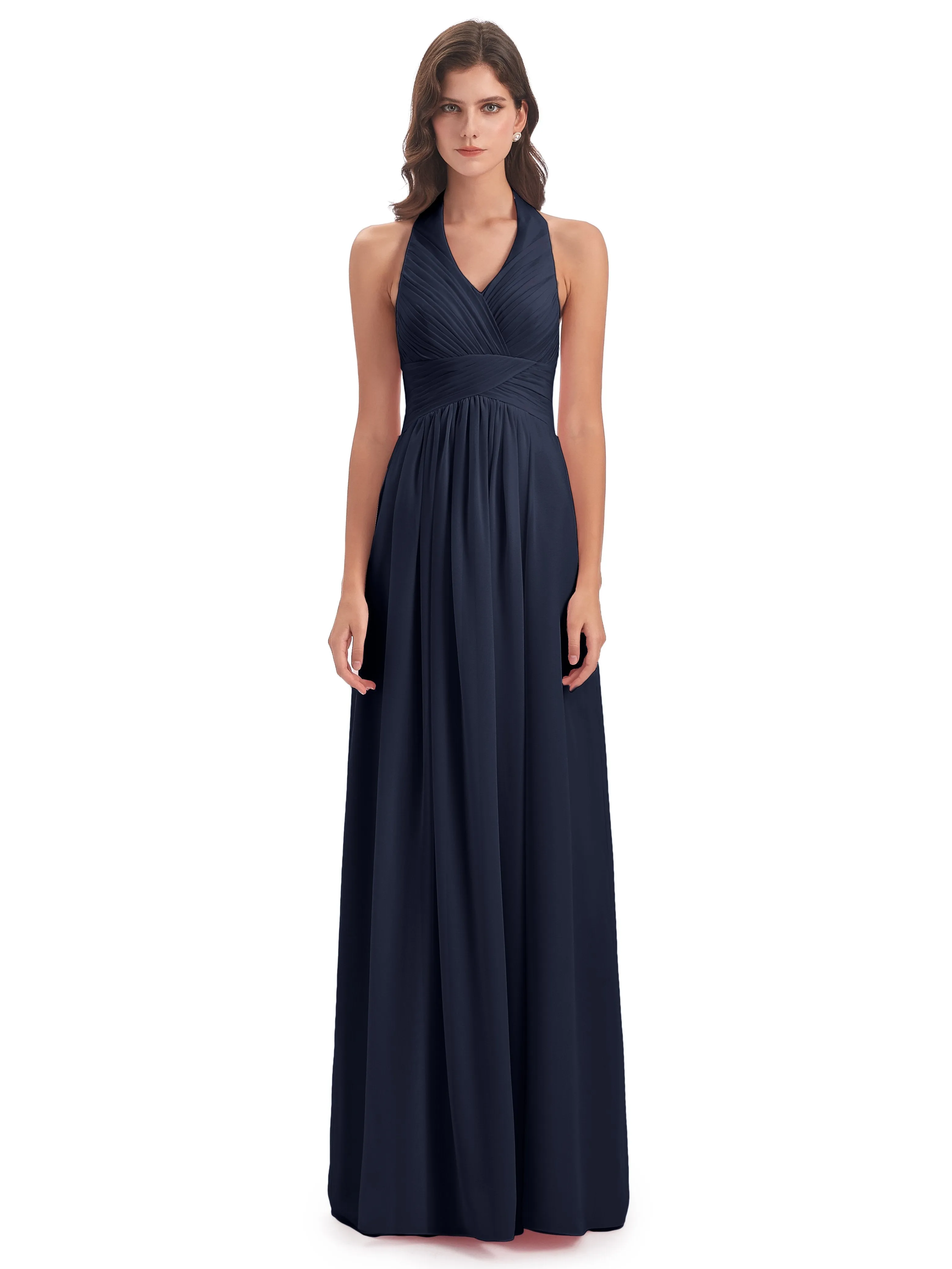 Elsie Vintage Chiffon Halter Pleating Long Bridesmaid Dresses