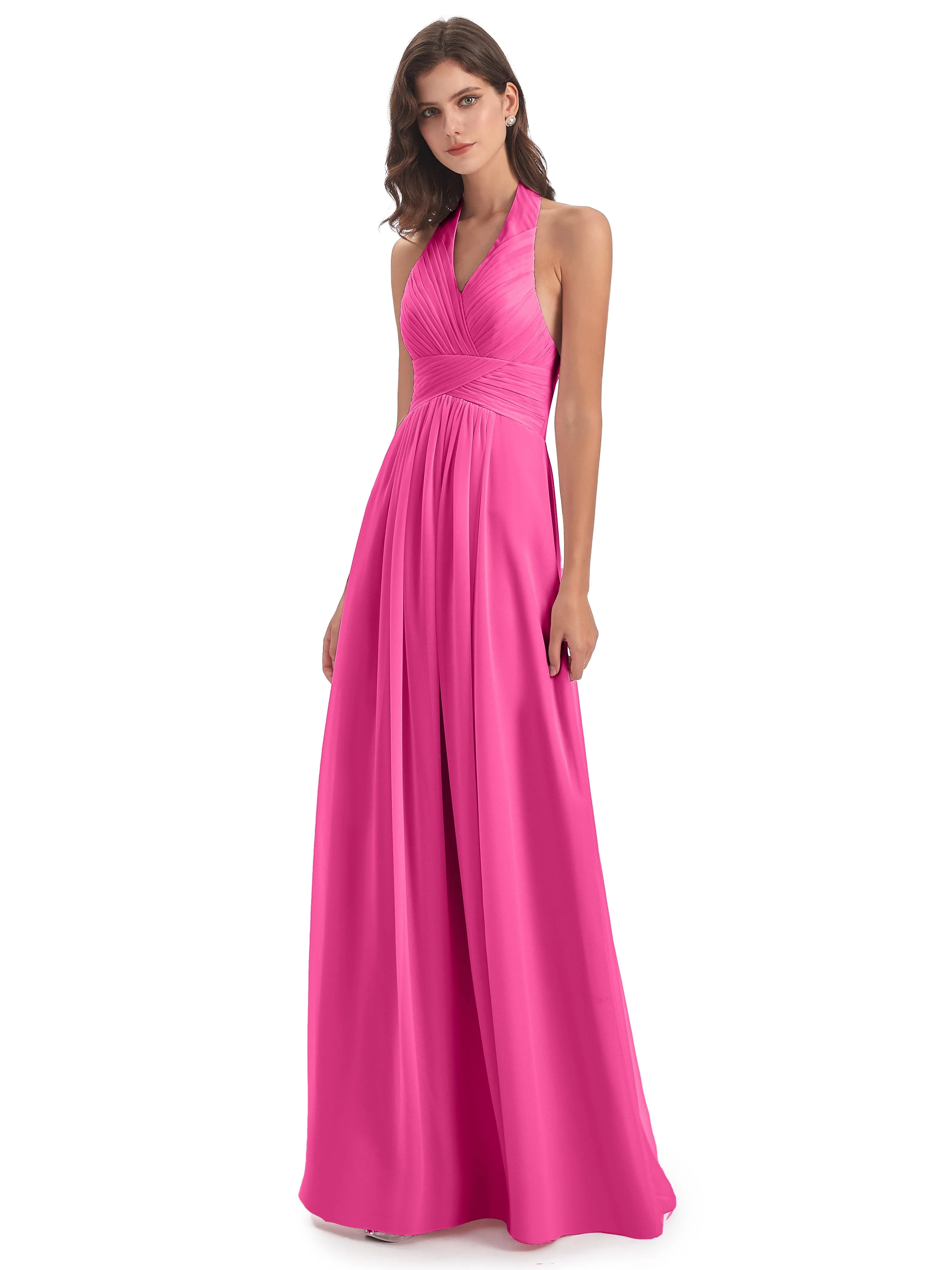 Elsie Vintage Chiffon Halter Pleating Long Bridesmaid Dresses