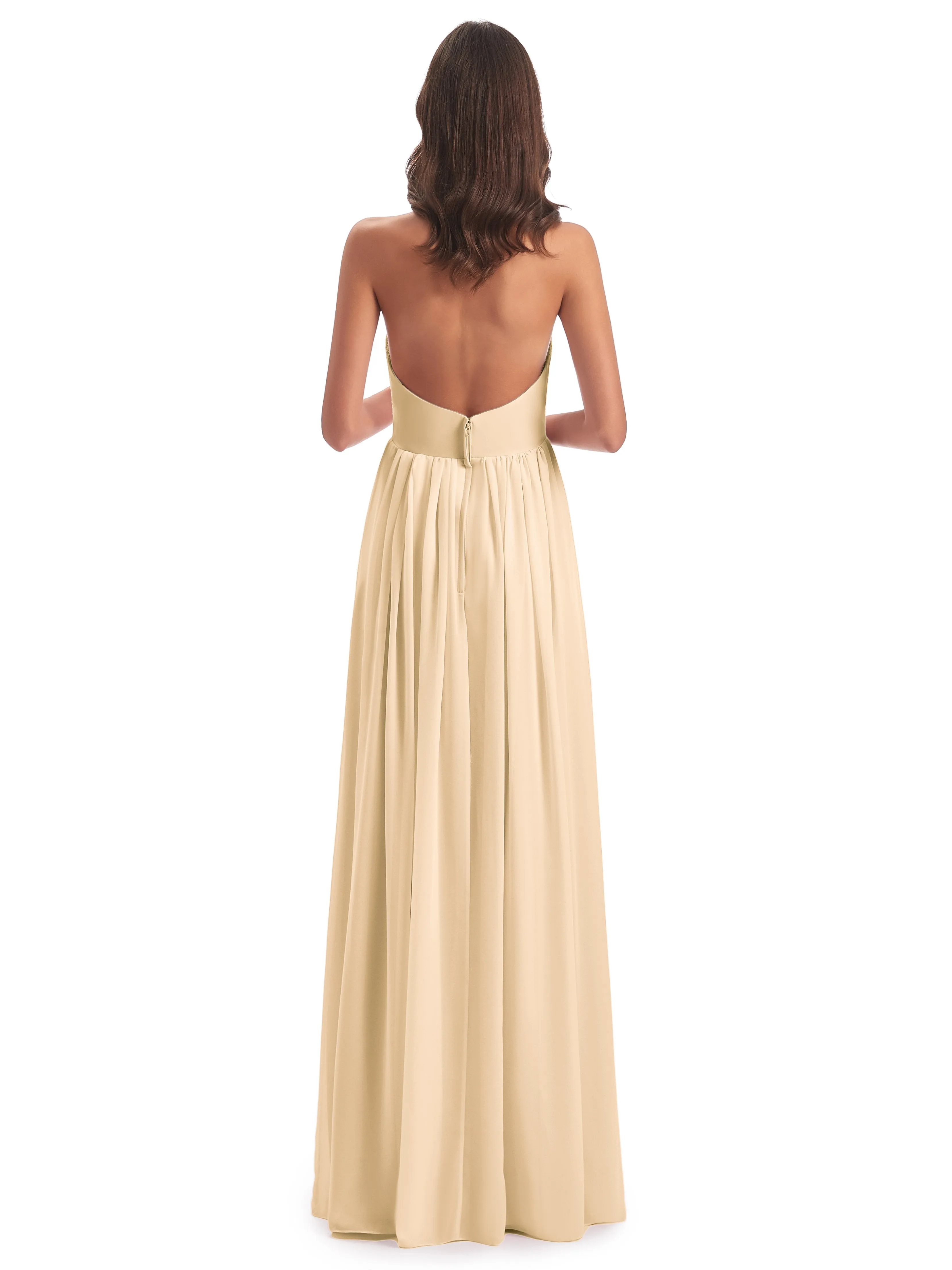 Elsie Vintage Chiffon Halter Pleating Long Bridesmaid Dresses