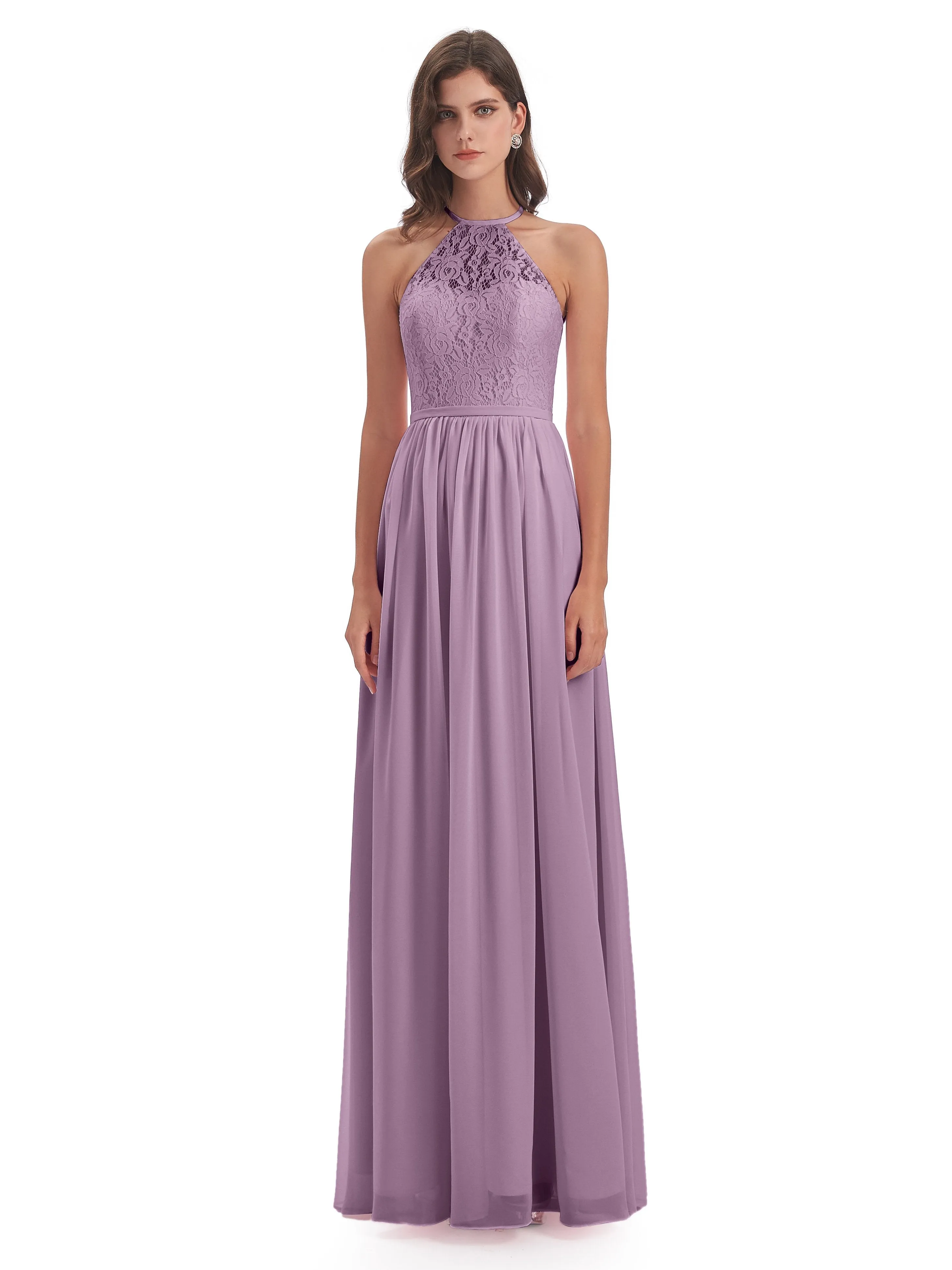 Emma Stunning Halter Floor Length Lace/Chiffon Bridesmaid Dresses