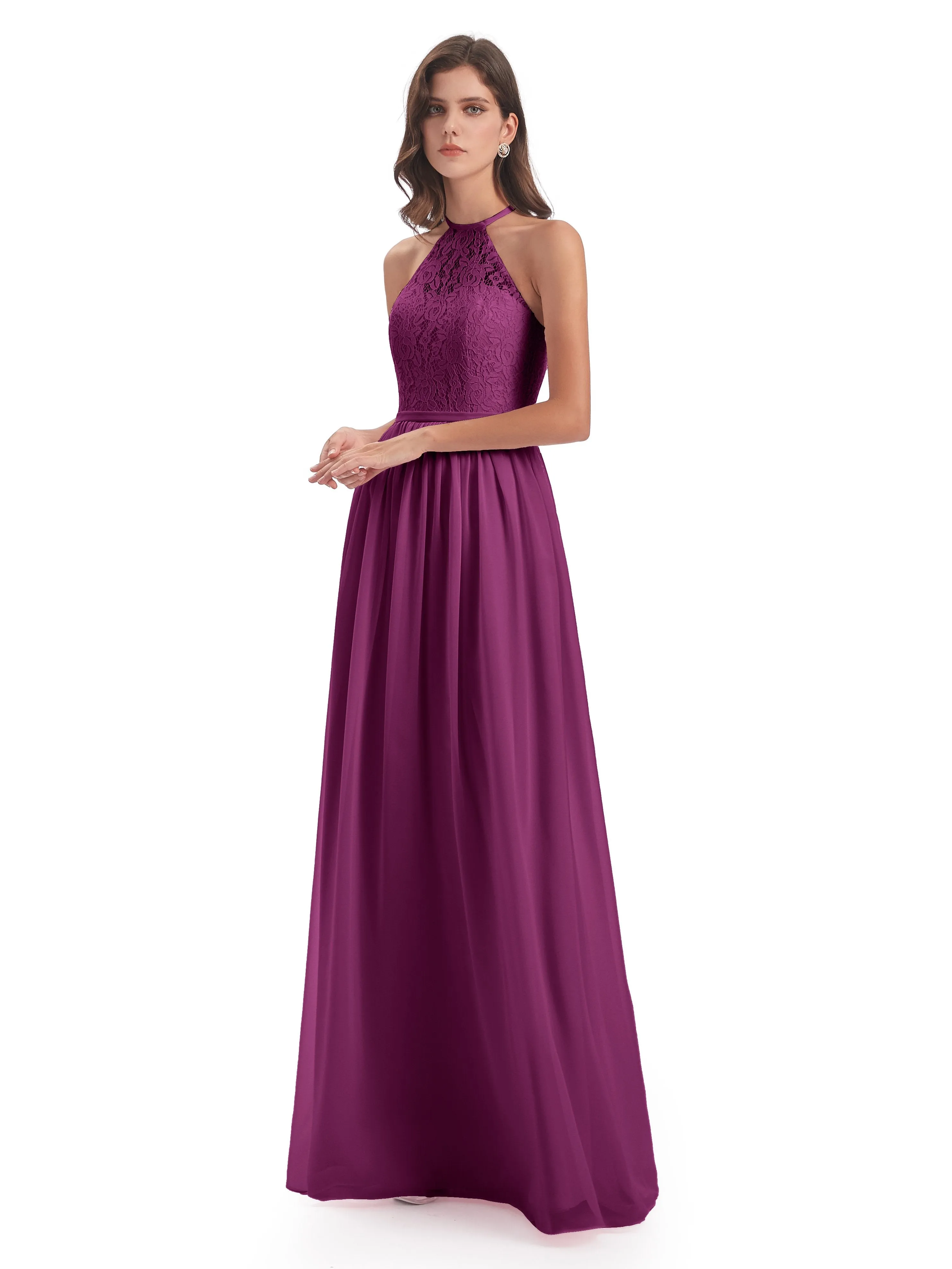 Emma Stunning Halter Floor Length Lace/Chiffon Bridesmaid Dresses