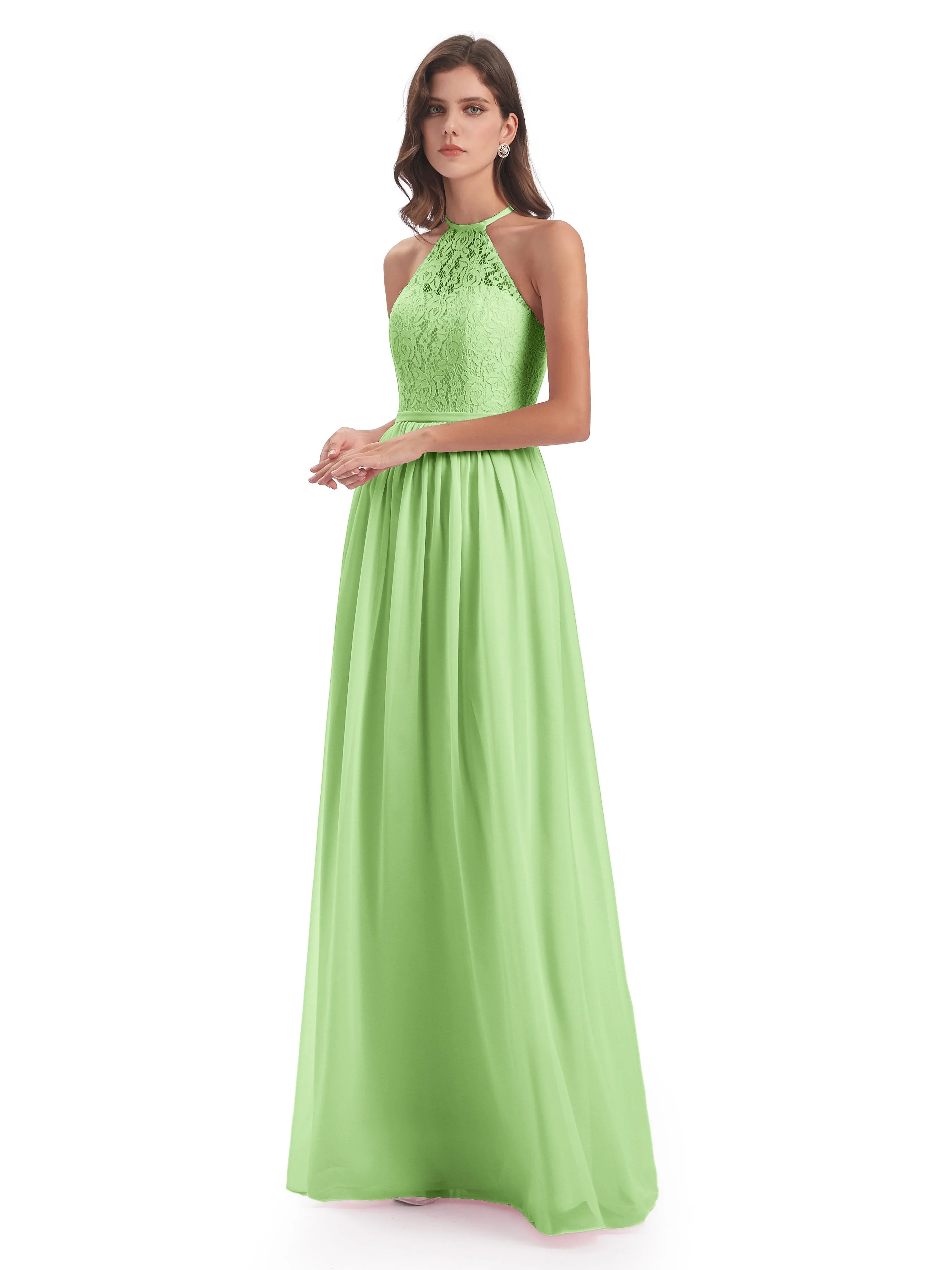 Emma Stunning Halter Floor Length Lace/Chiffon Bridesmaid Dresses