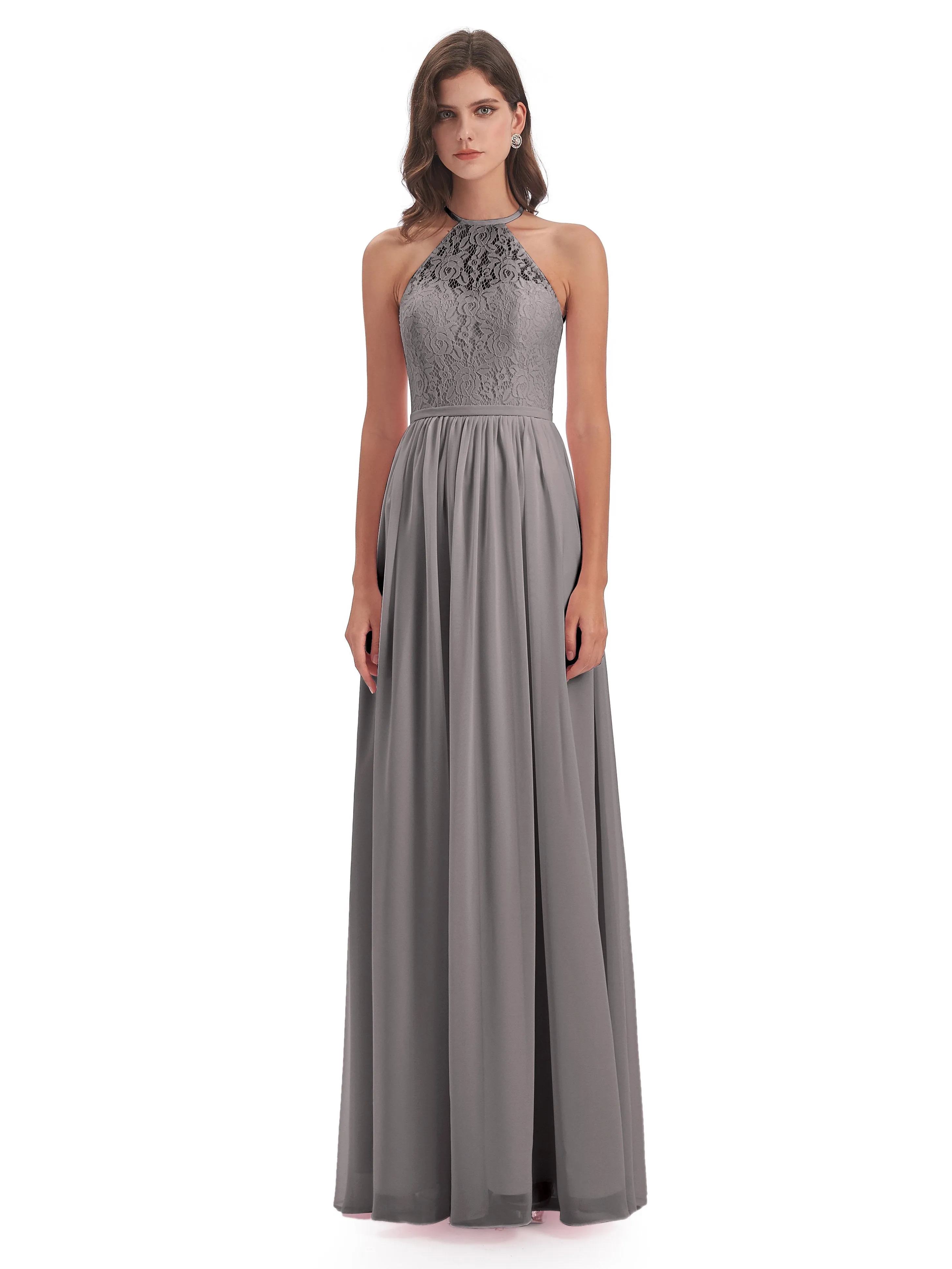 Emma Stunning Halter Floor Length Lace/Chiffon Bridesmaid Dresses