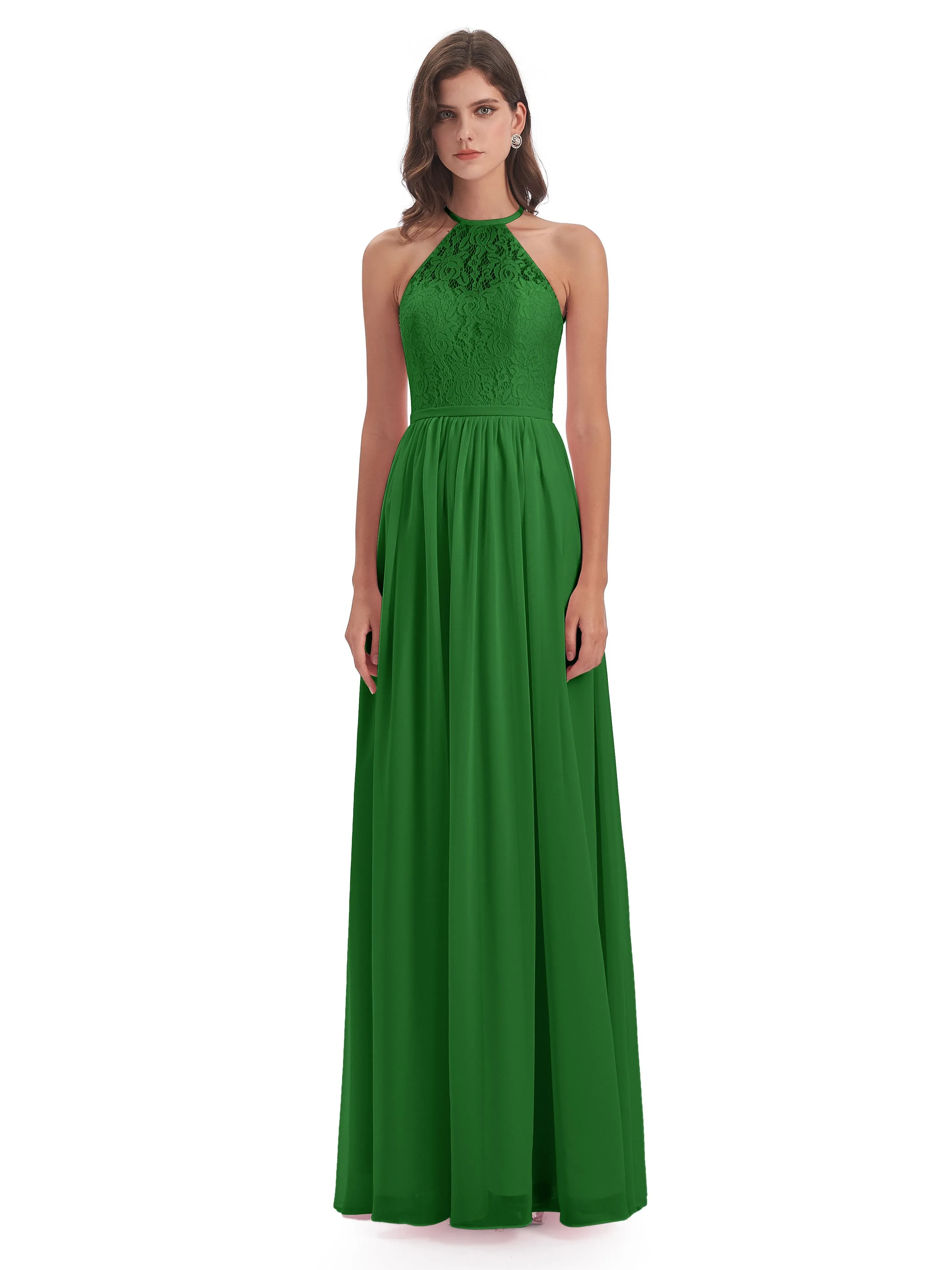 Emma Stunning Halter Floor Length Lace/Chiffon Bridesmaid Dresses