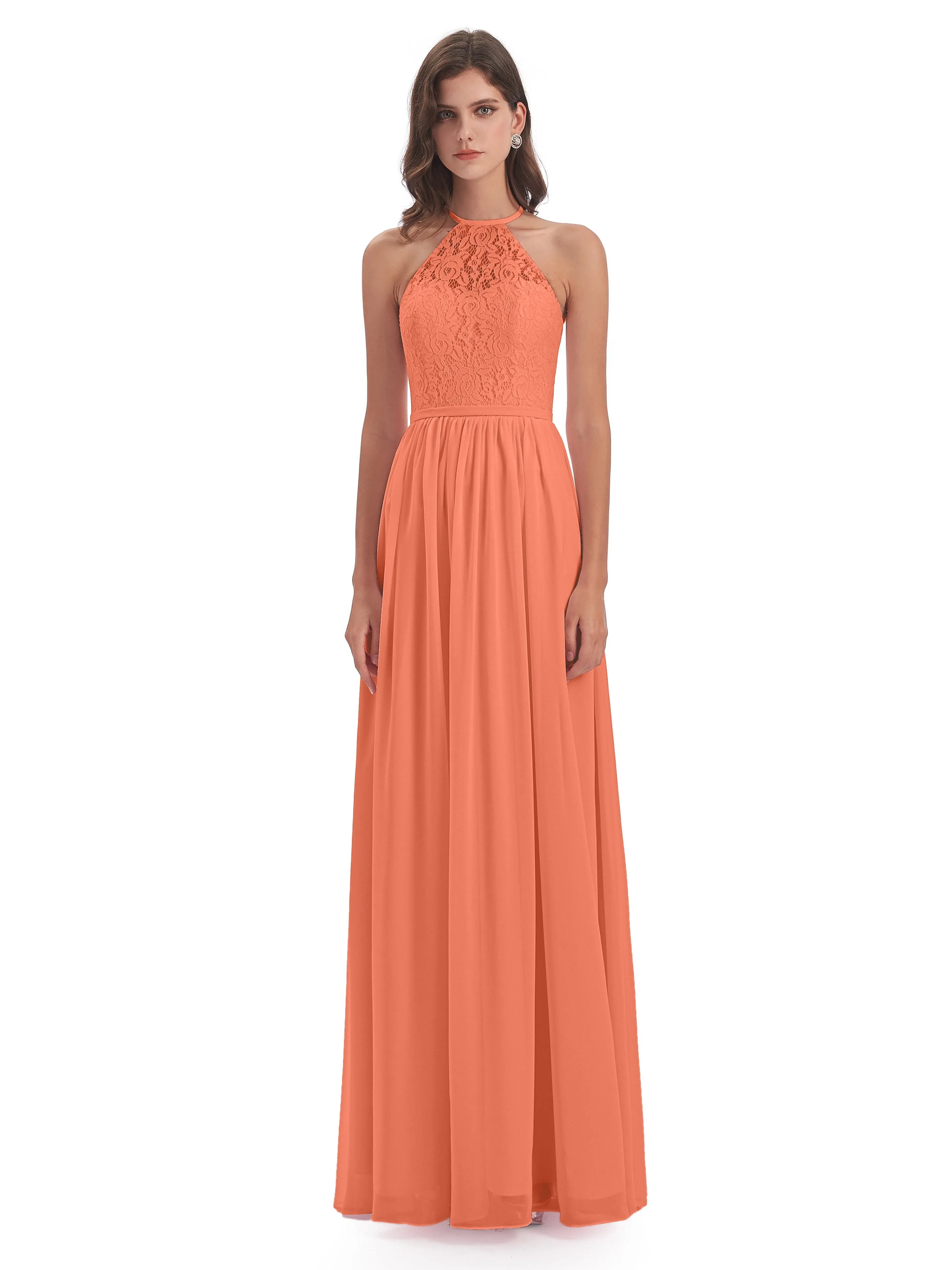 Emma Stunning Halter Floor Length Lace/Chiffon Bridesmaid Dresses