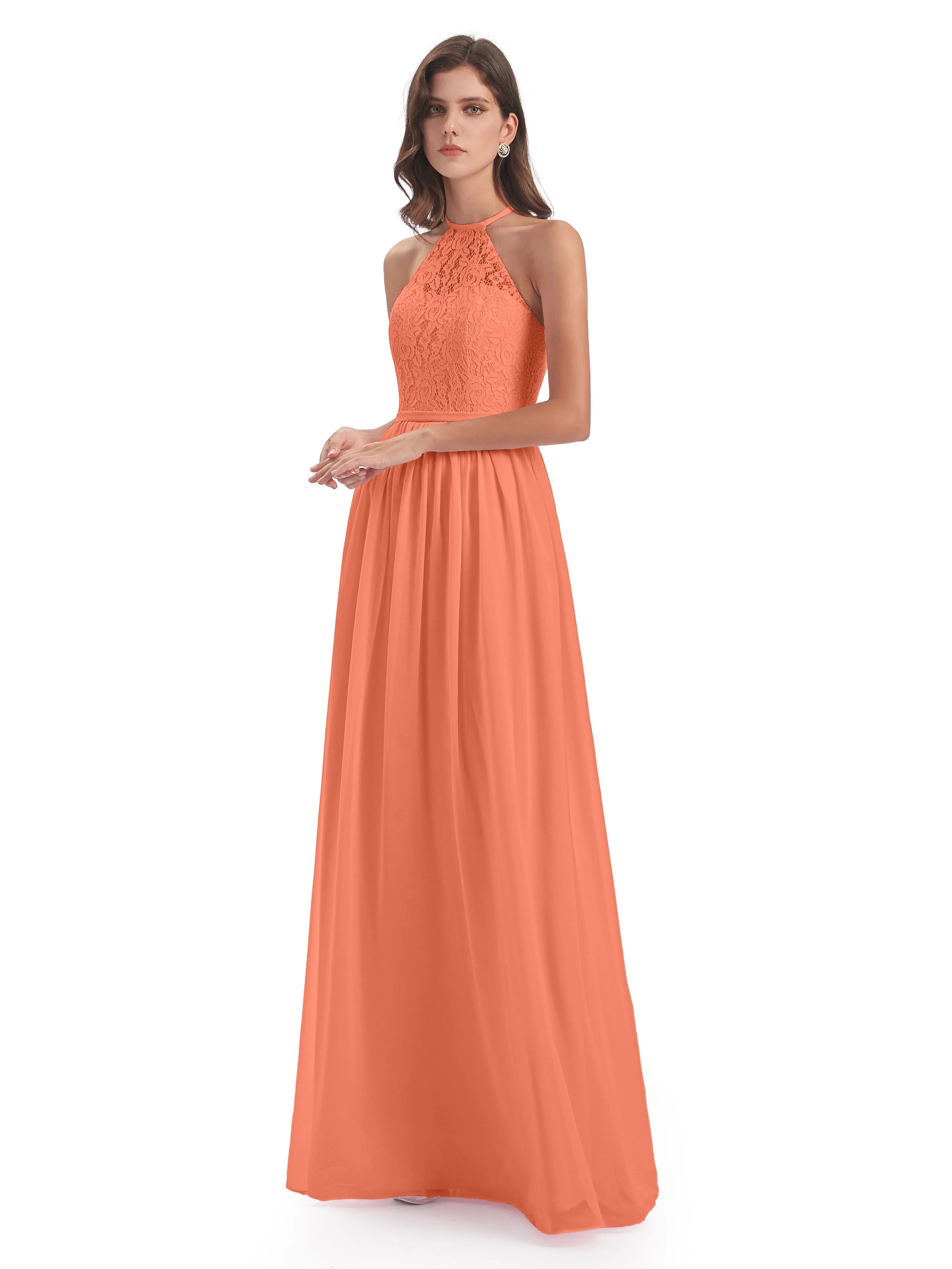 Emma Stunning Halter Floor Length Lace/Chiffon Bridesmaid Dresses