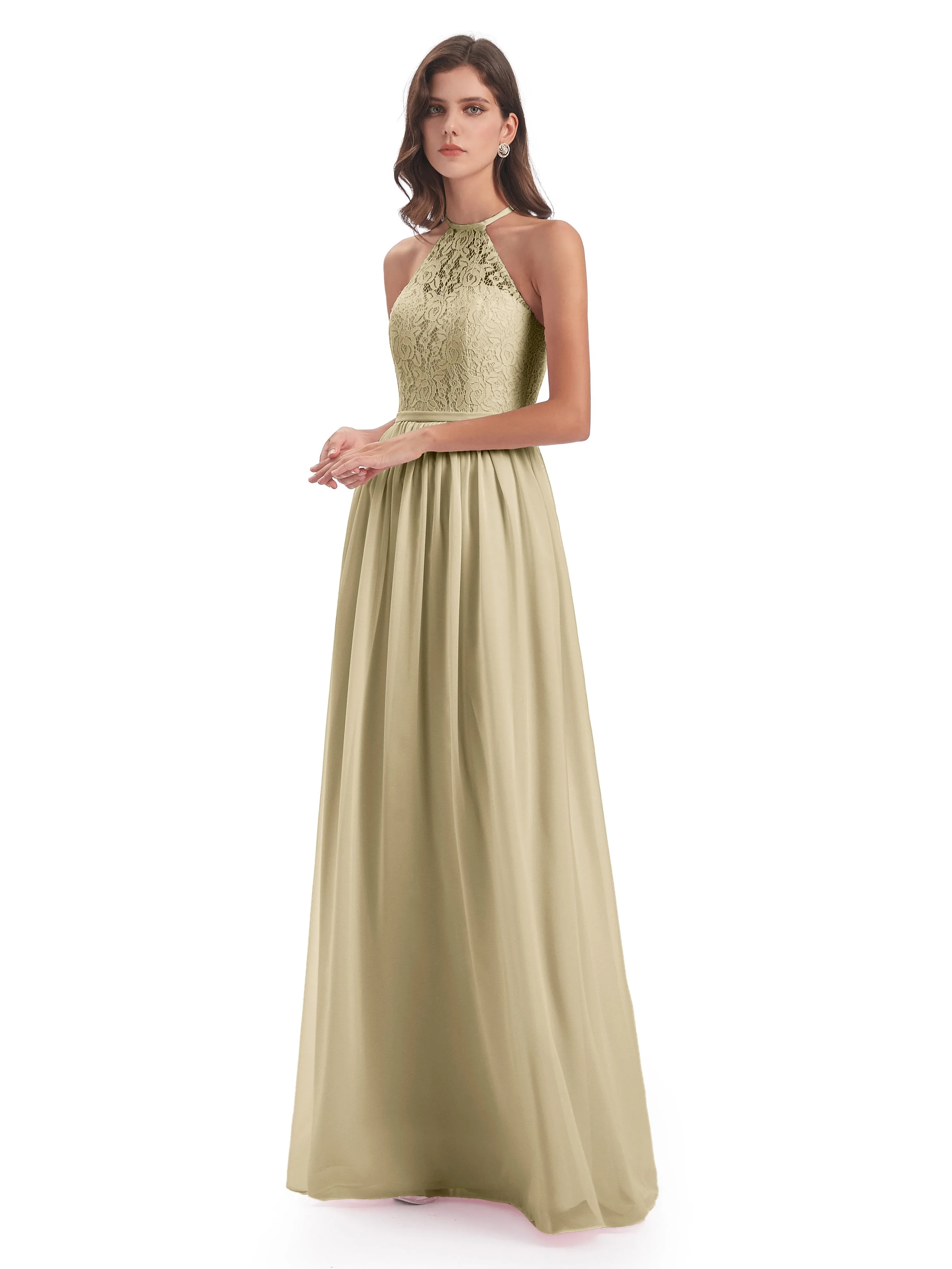 Emma Stunning Halter Floor Length Lace/Chiffon Bridesmaid Dresses