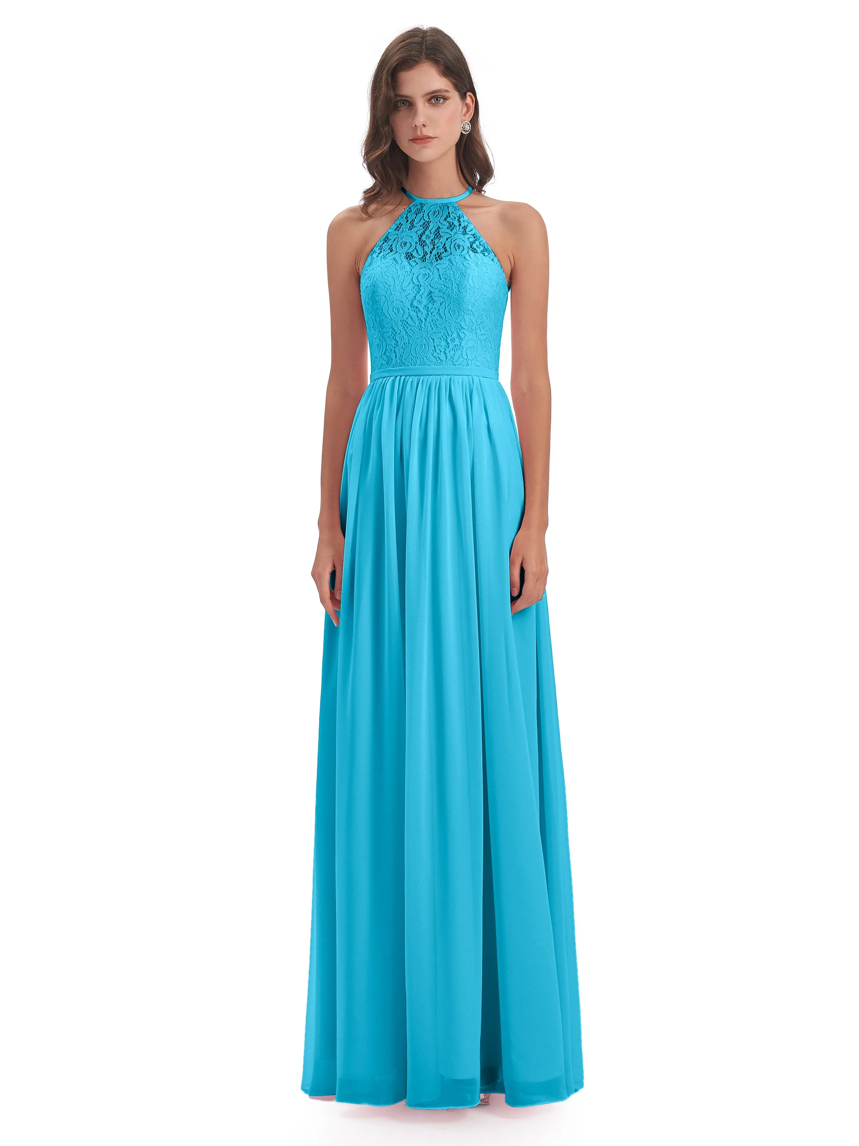 Emma Stunning Halter Floor Length Lace/Chiffon Bridesmaid Dresses