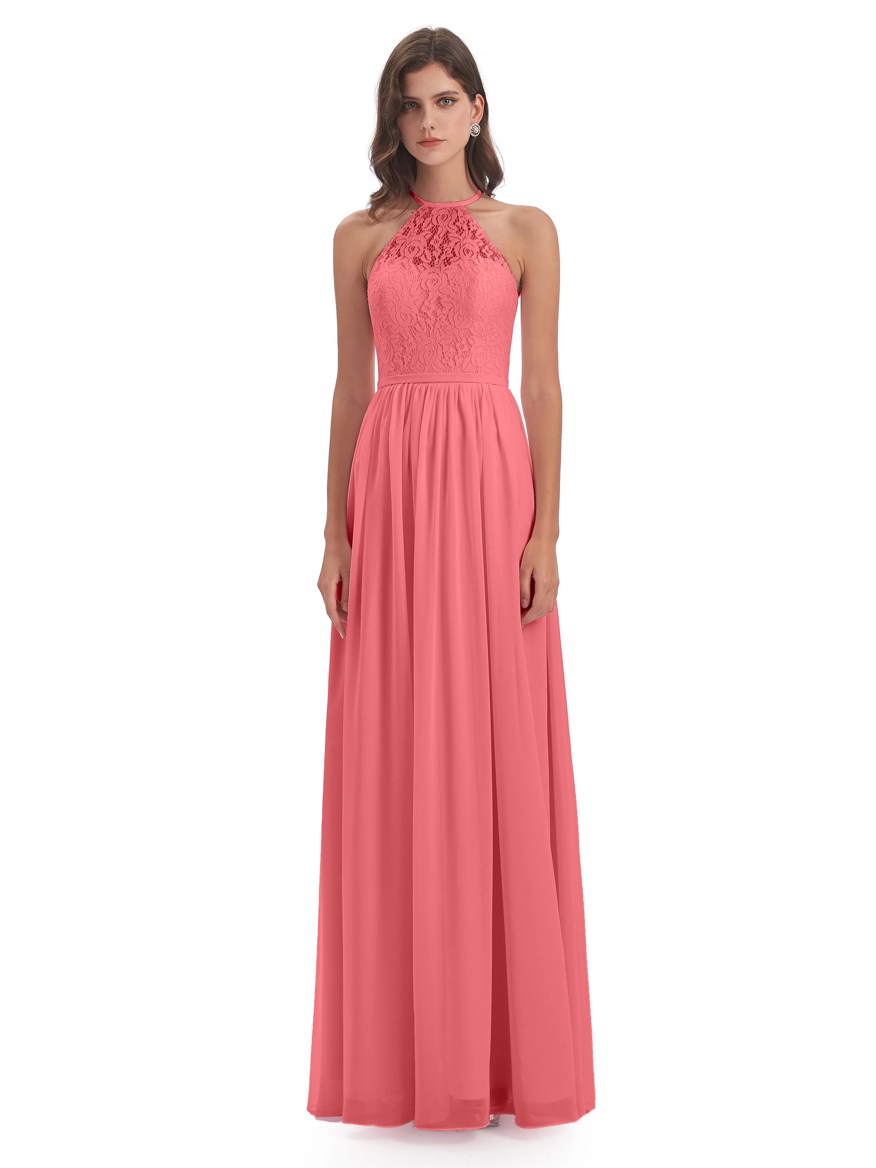 Emma Stunning Halter Floor Length Lace/Chiffon Bridesmaid Dresses