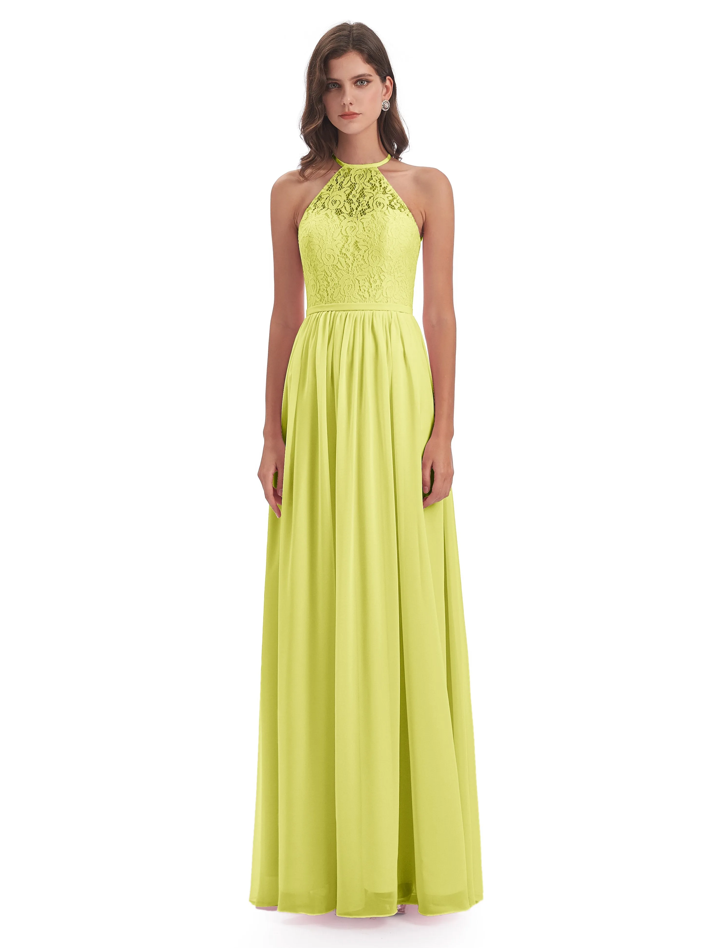 Emma Stunning Halter Floor Length Lace/Chiffon Bridesmaid Dresses