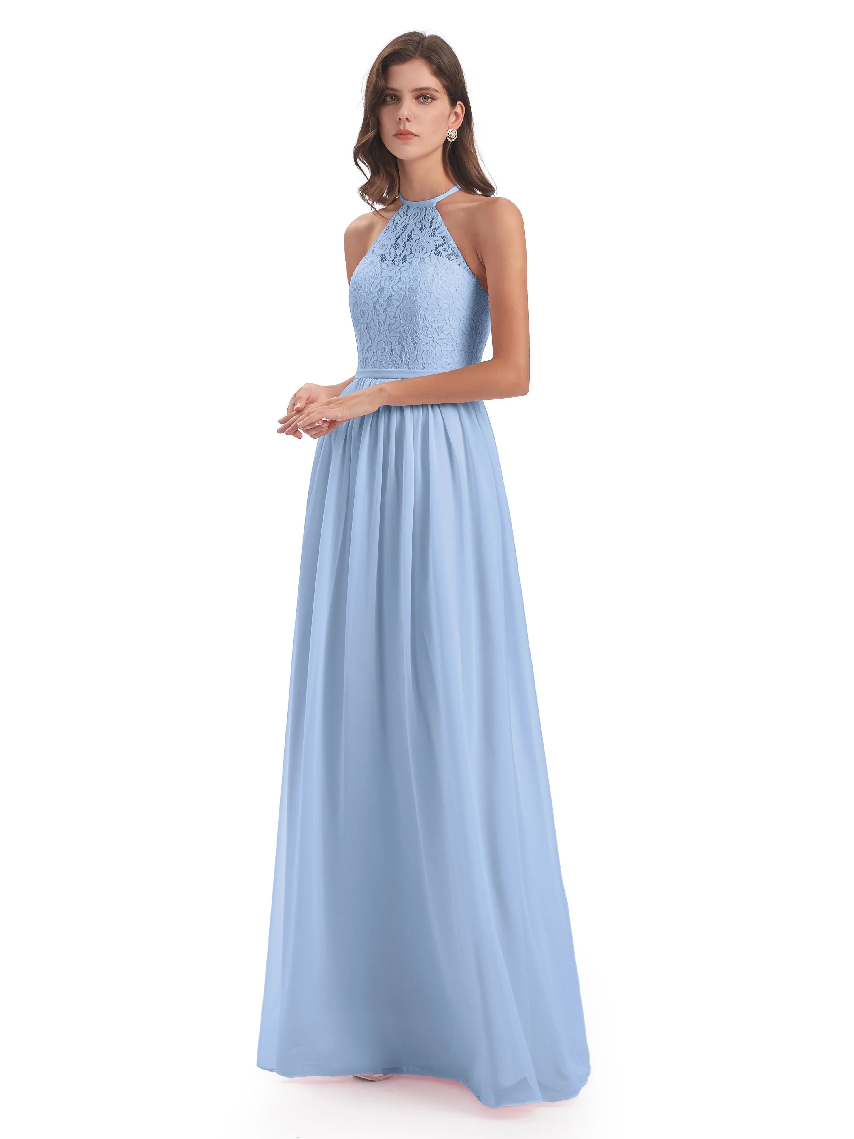 Emma Stunning Halter Floor Length Lace/Chiffon Bridesmaid Dresses