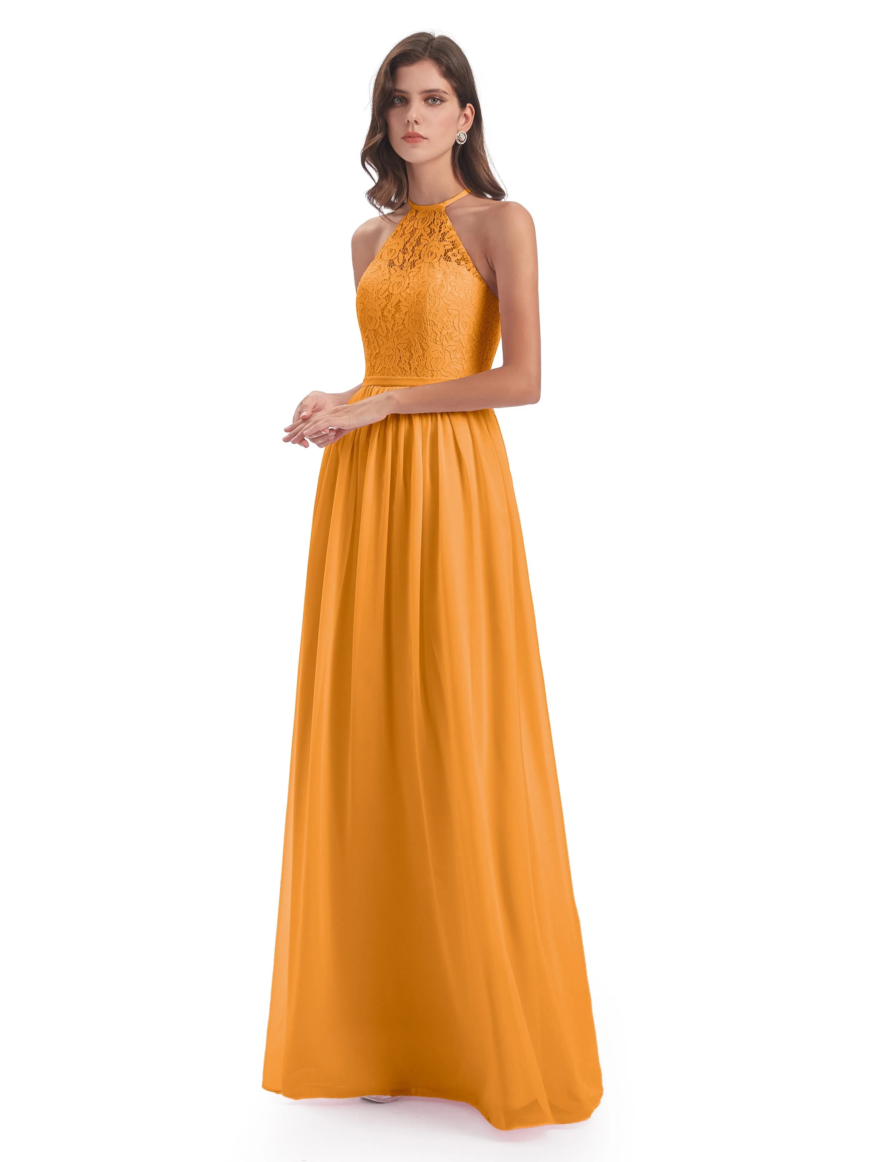 Emma Stunning Halter Floor Length Lace/Chiffon Bridesmaid Dresses